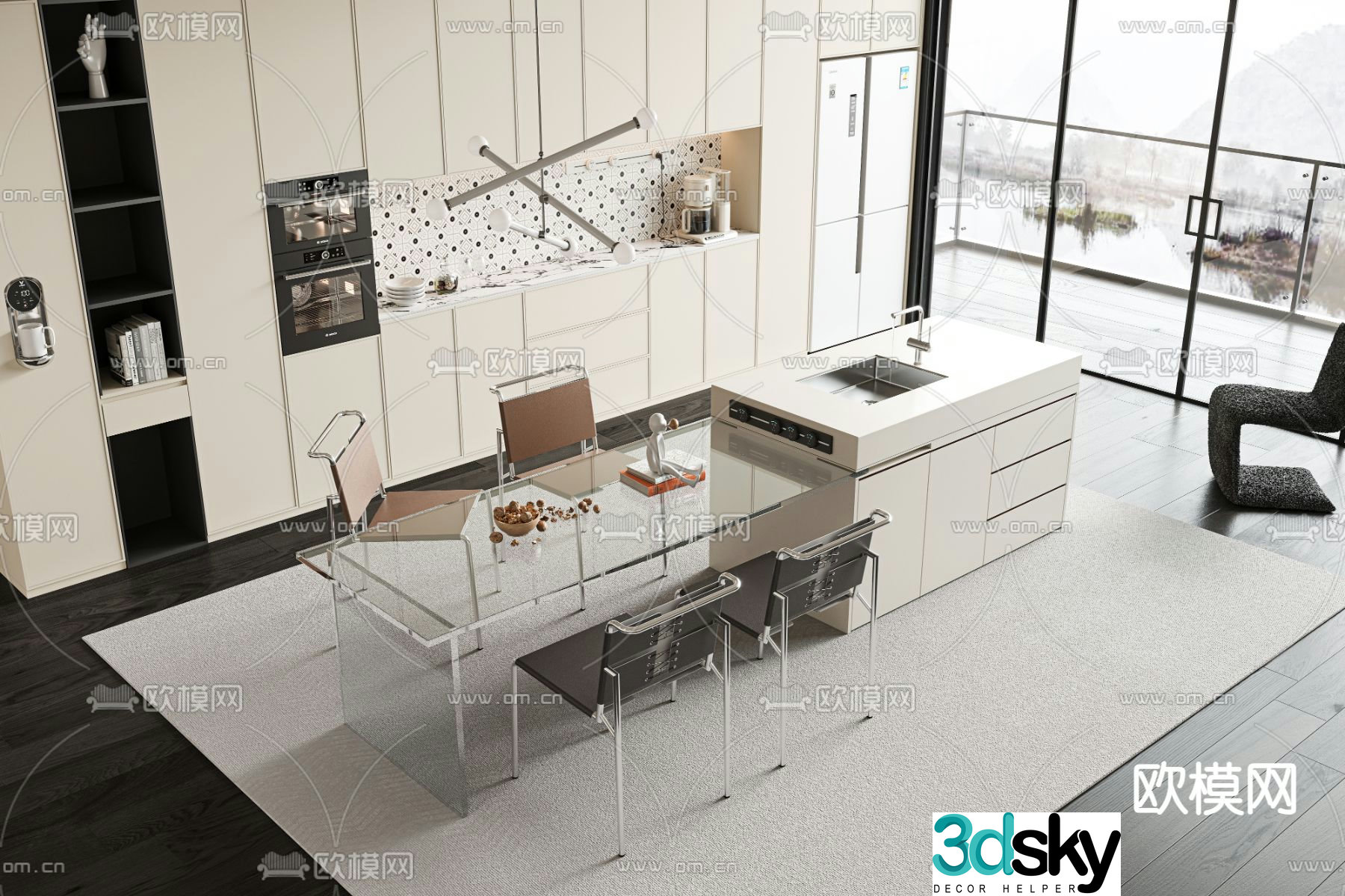 Cream style dining table and chairs 3d model