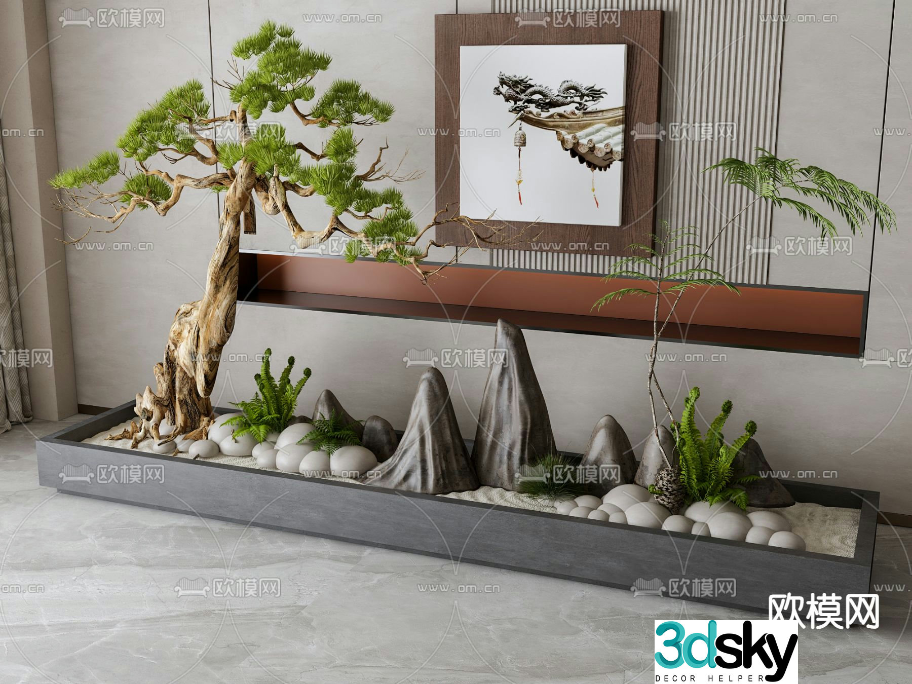 Courtyard rockery landscape flower bed bonsai 3D model