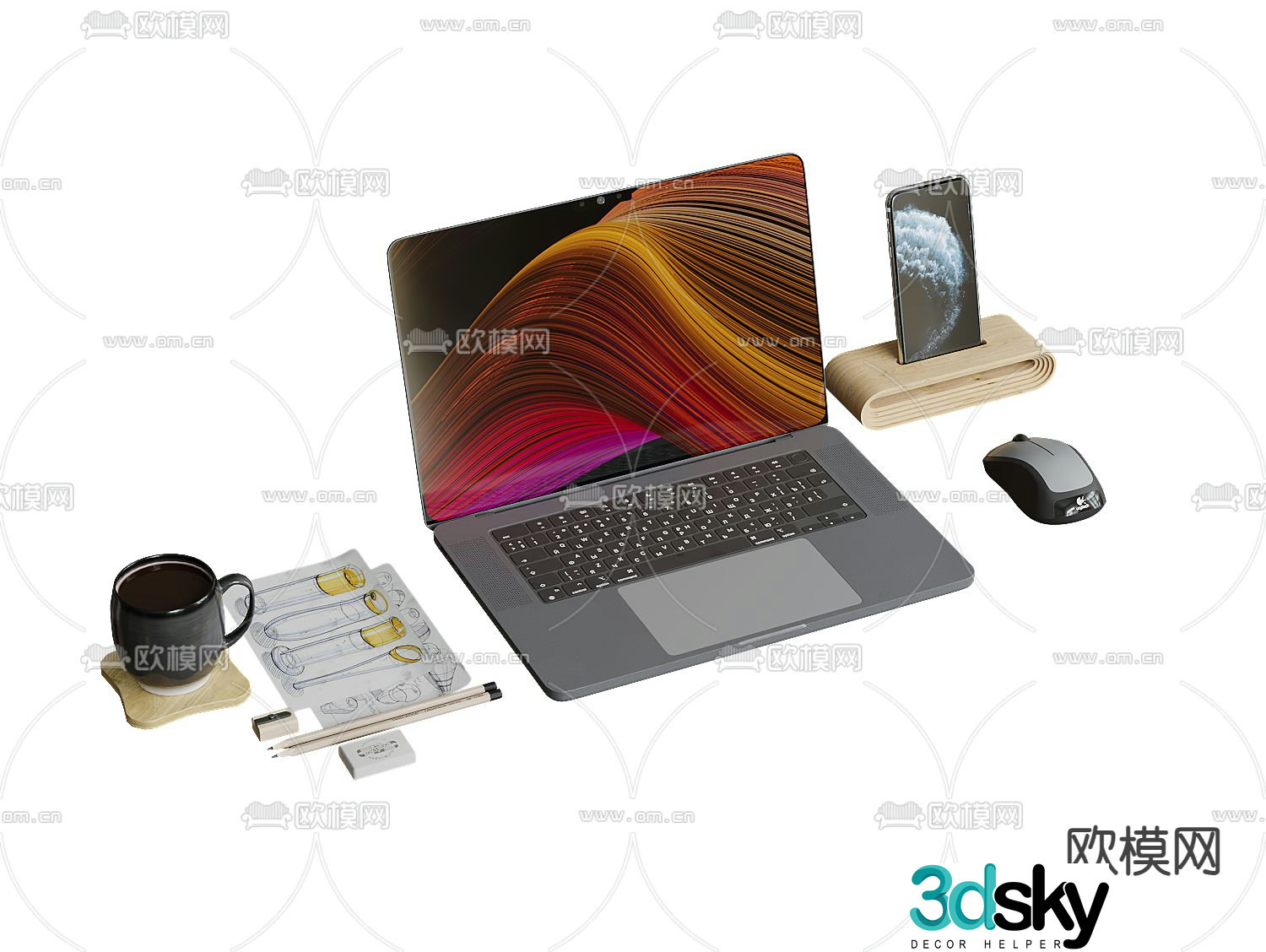 office supplies laptop mobile phone 3d model