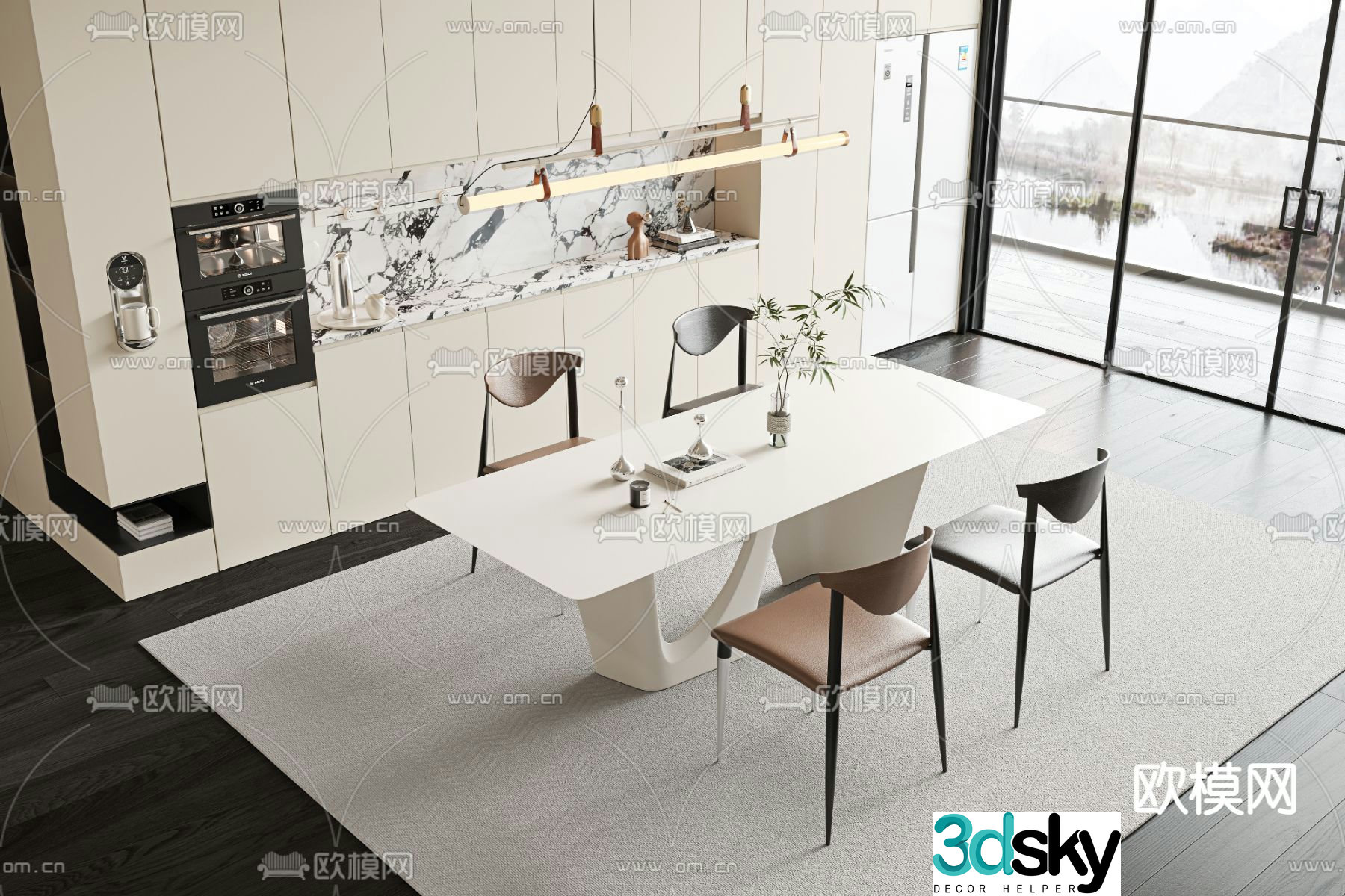 Cream style dining table and chairs 3d model