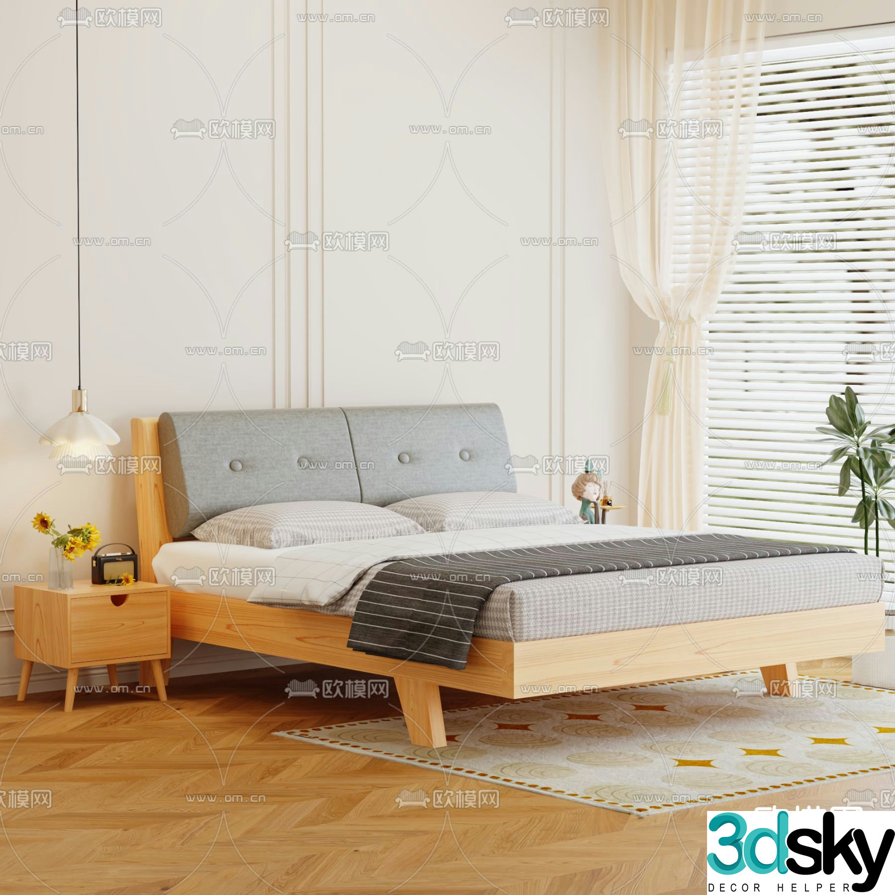 Modern solid wood bed double bed 3d model