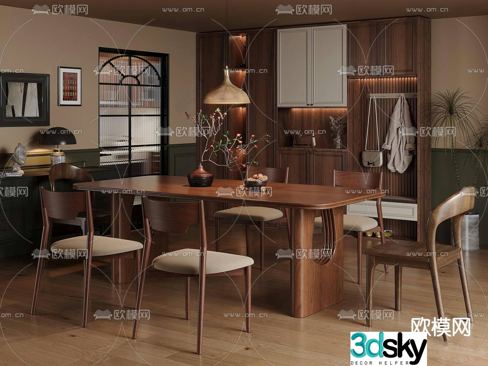 Medium style dining table and chair 3D model