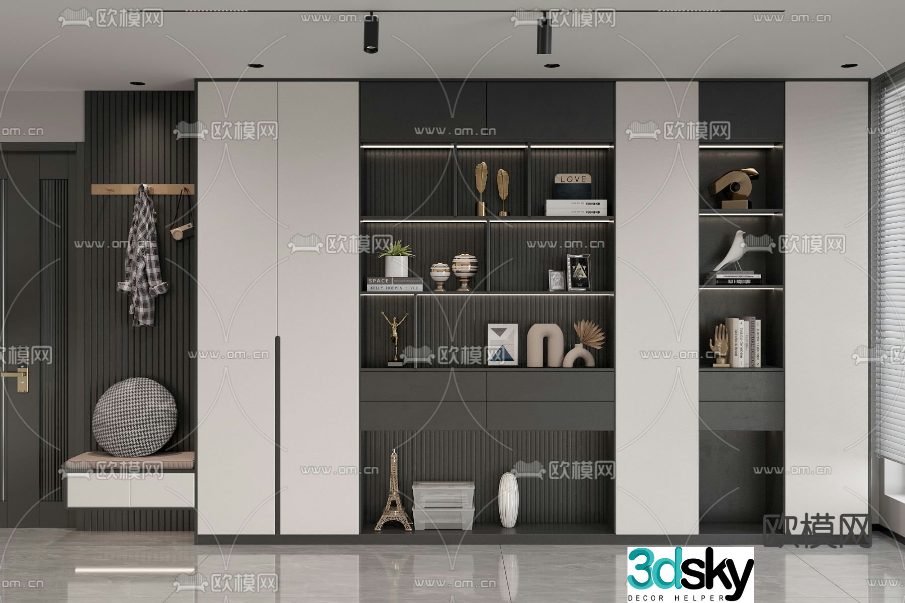 Entrance shoe cabinet and shoe changing stool 3D model