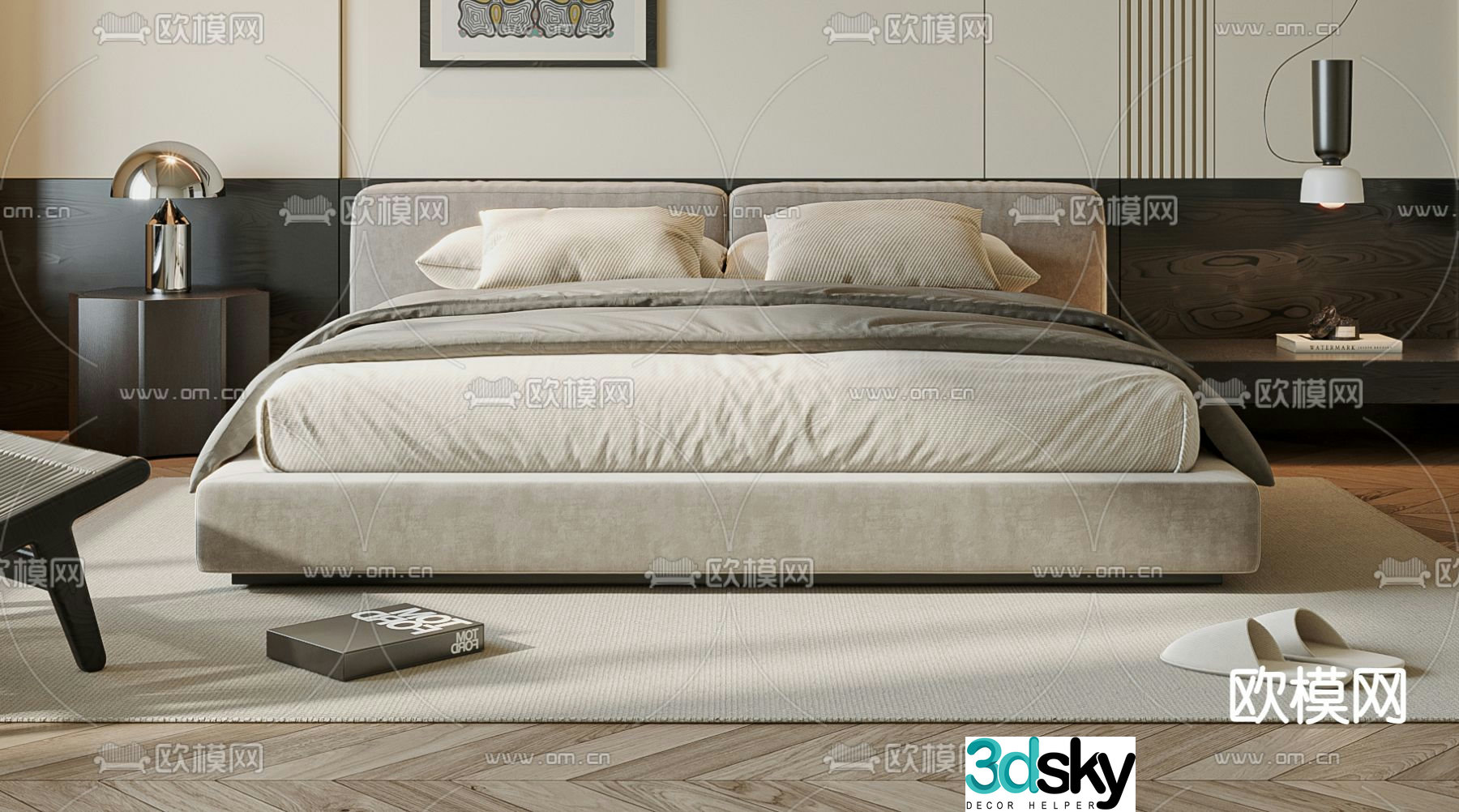 Modern double bed bedside table 3d model