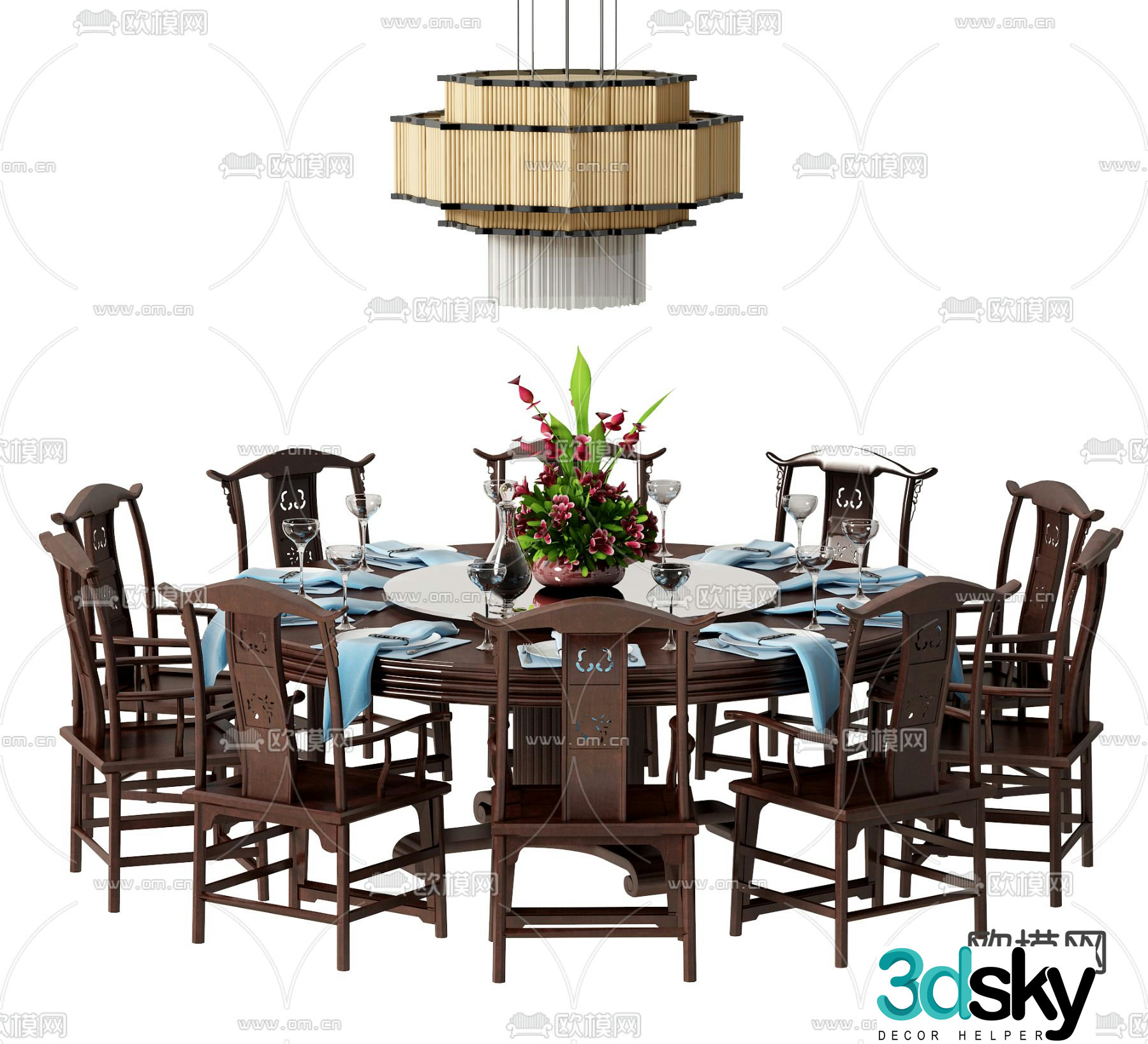Chinese dining table and chairs 3d model