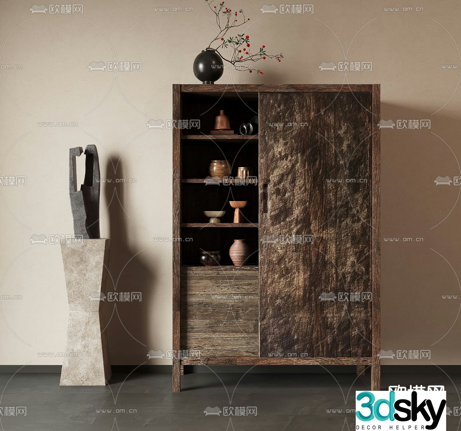 Wabi-sabi decorative cabinet shelf 3d model