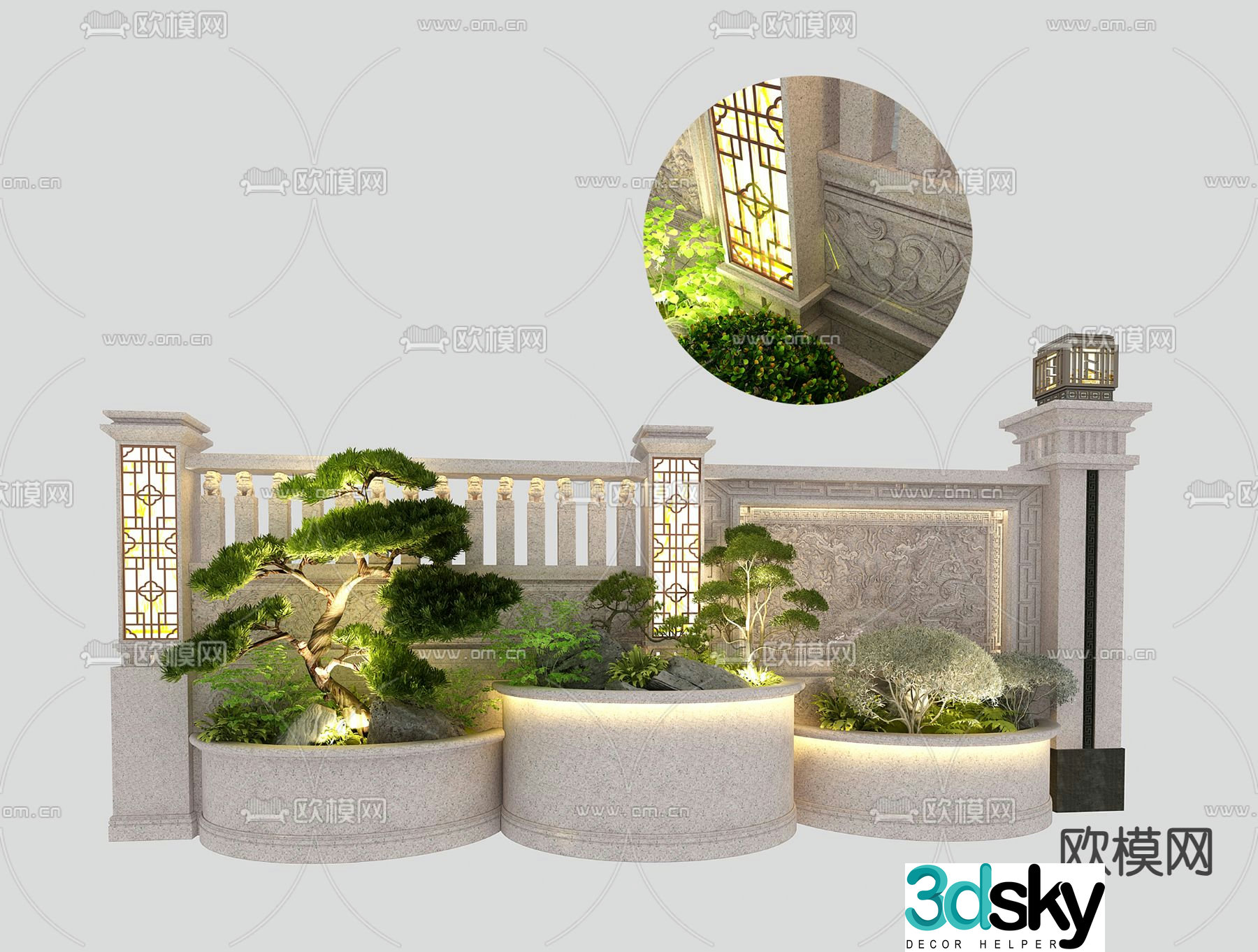 New Chinese style gate fence landscape sketch 3D model