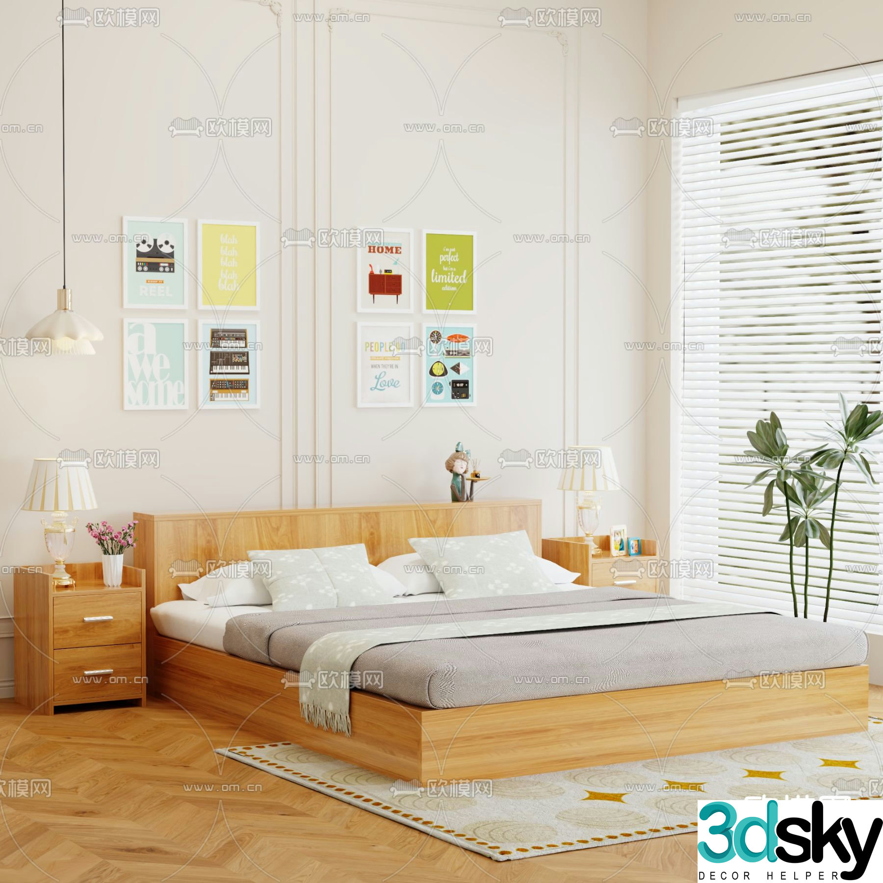 Nordic solid wood bed double bed 3d model
