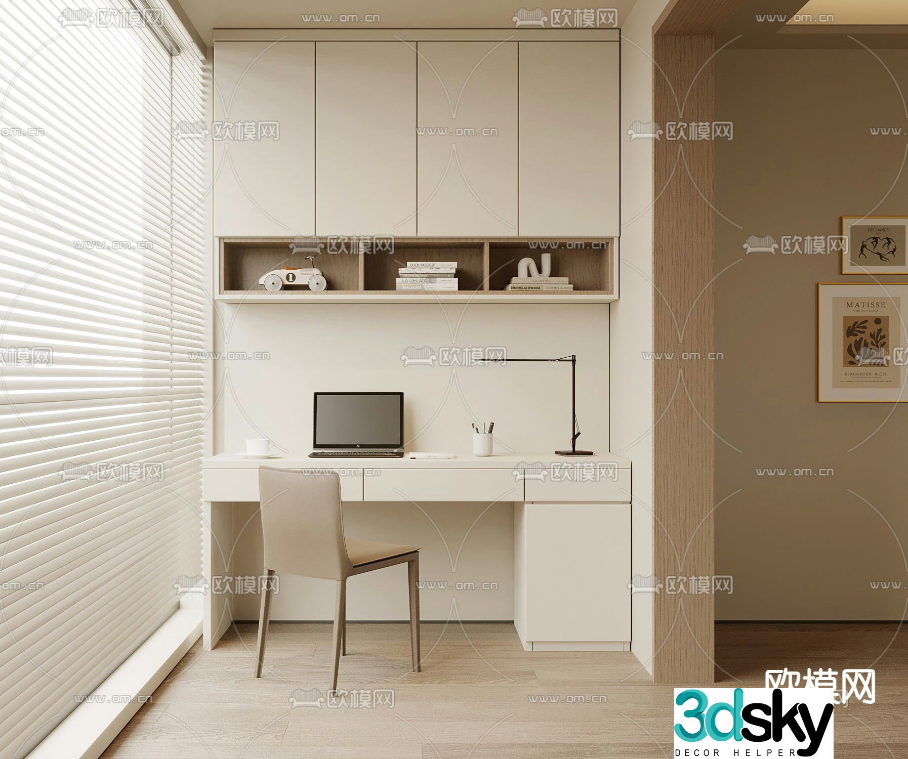 Cream style desk computer desk study table 3d model