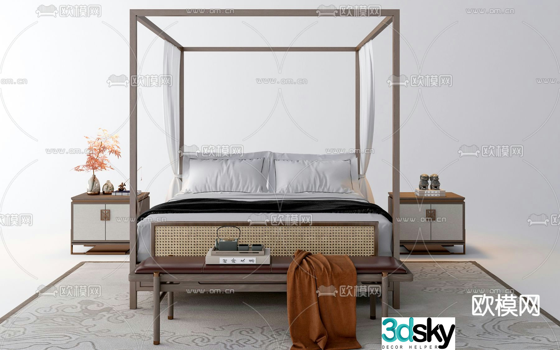 New Chinese style double bed 3d model