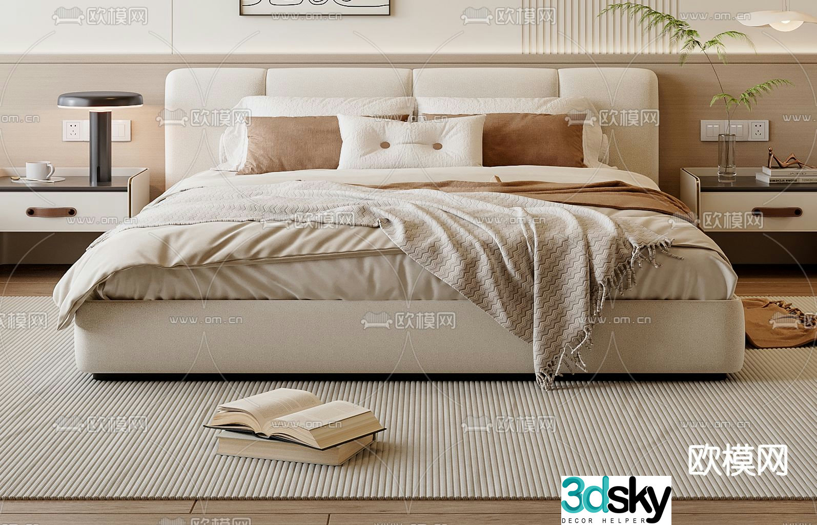 Cream style double bed 3d model