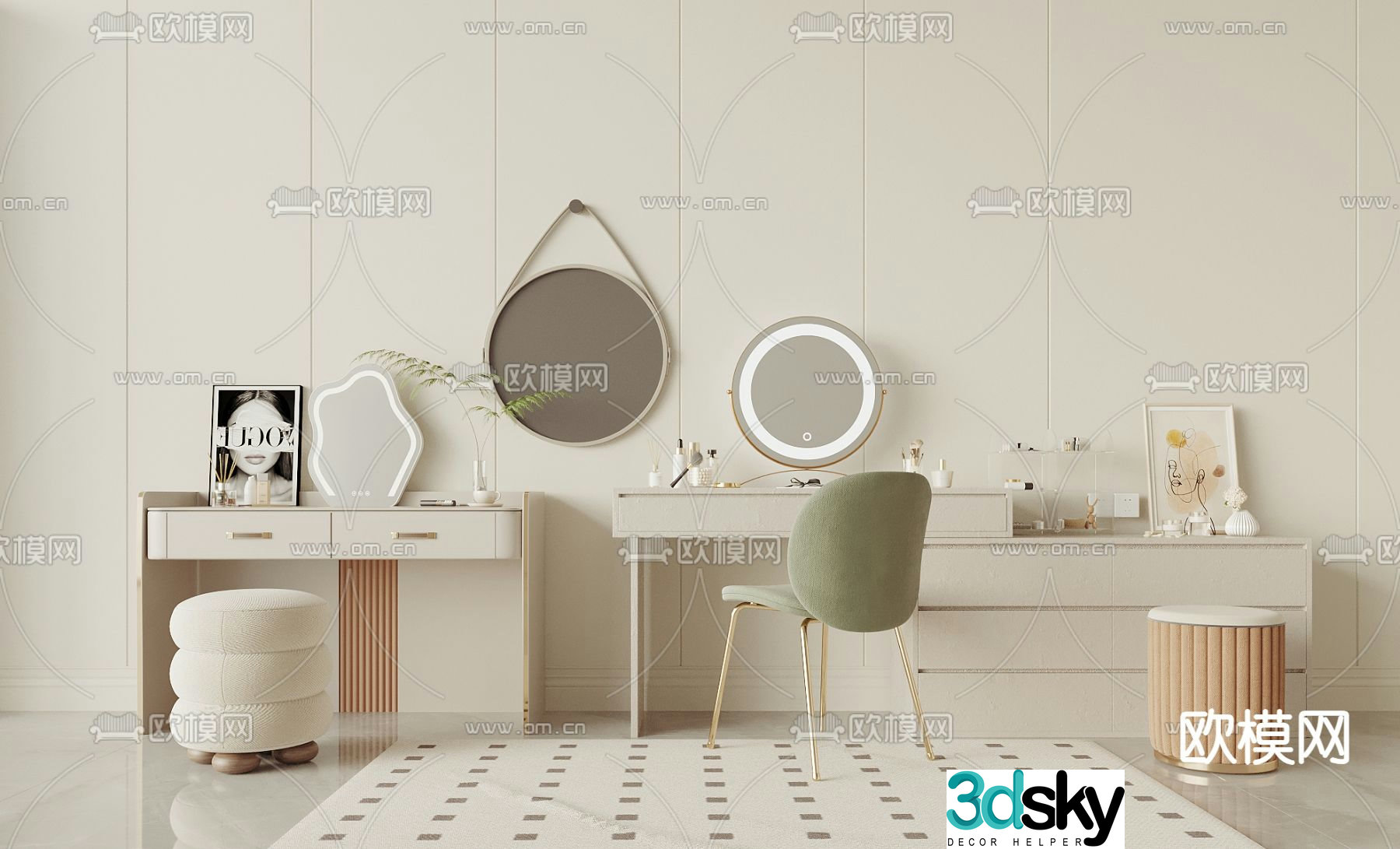 Cream style dressing table dressing table 3d model