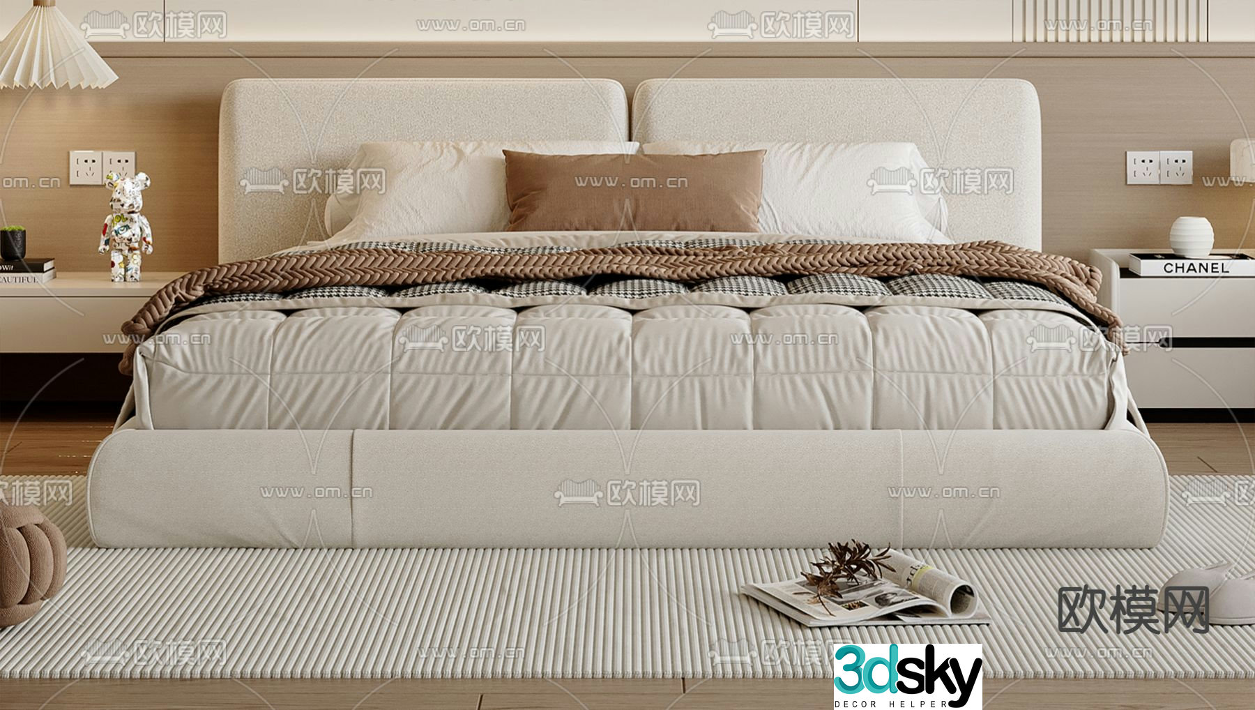 Cream style double bed 3d model
