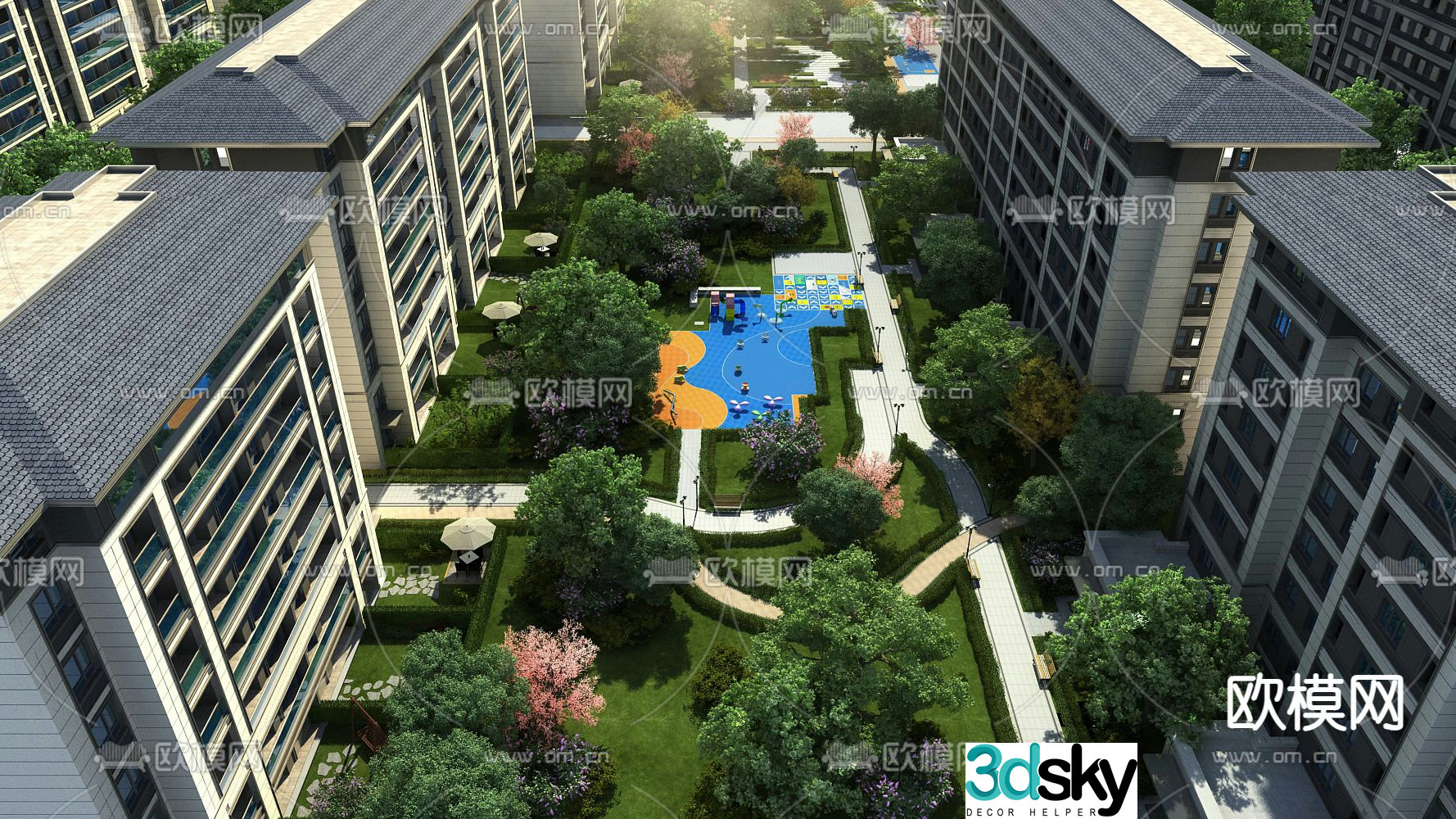3D model of inner courtyard landscape of new Chinese style community