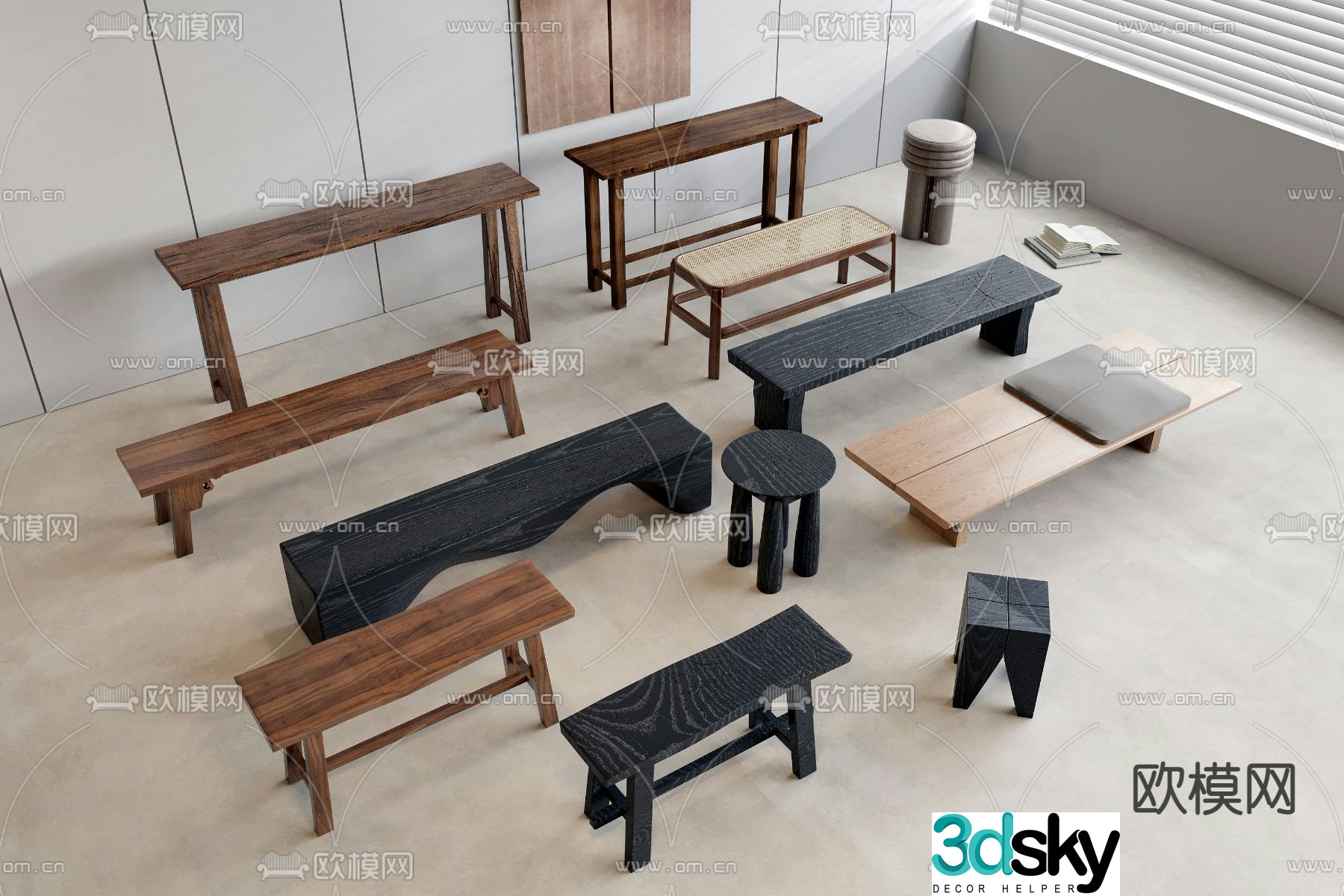 Medieval style wooden chair and wooden stool 3d model