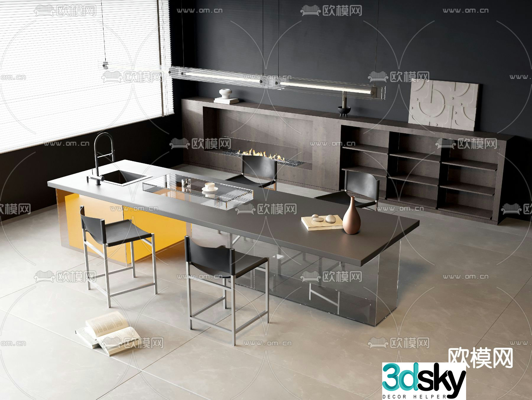 Long dining table and chairs 3d model