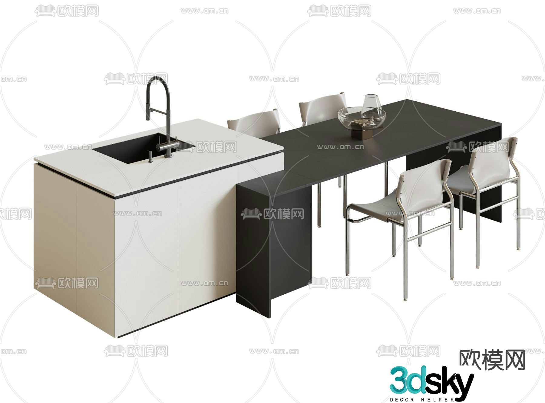 Island dining table and chairs 3d model