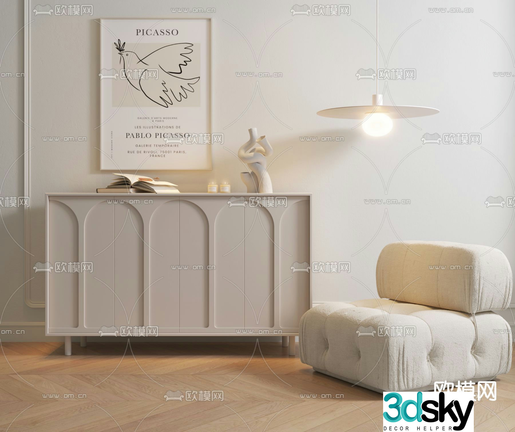 Creamy style porch cabinet side cabinet 3d model