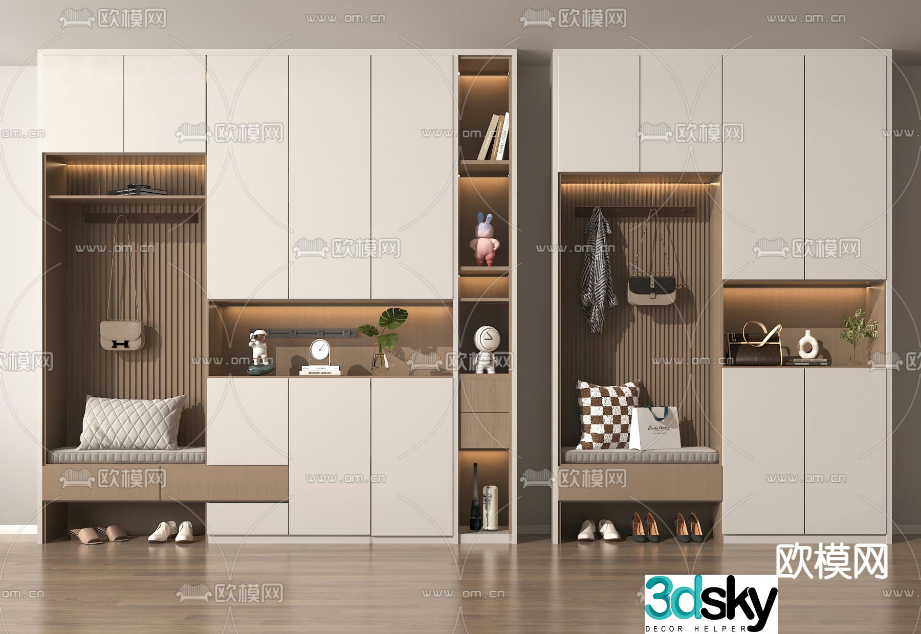 Entrance shoe cabinet and shoe changing stool 3D model