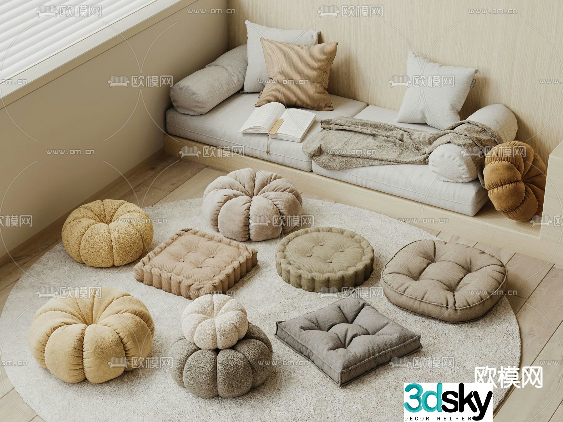 Modern bay window seat cushion 3d model