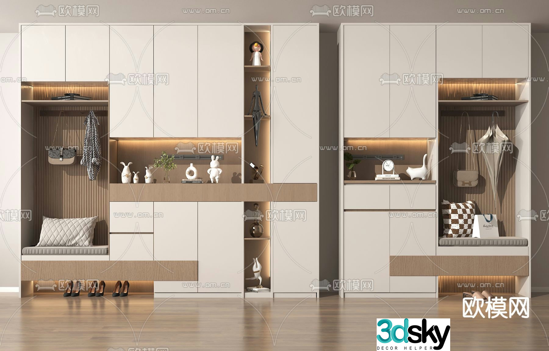 Entrance shoe cabinet and shoe changing stool 3D model