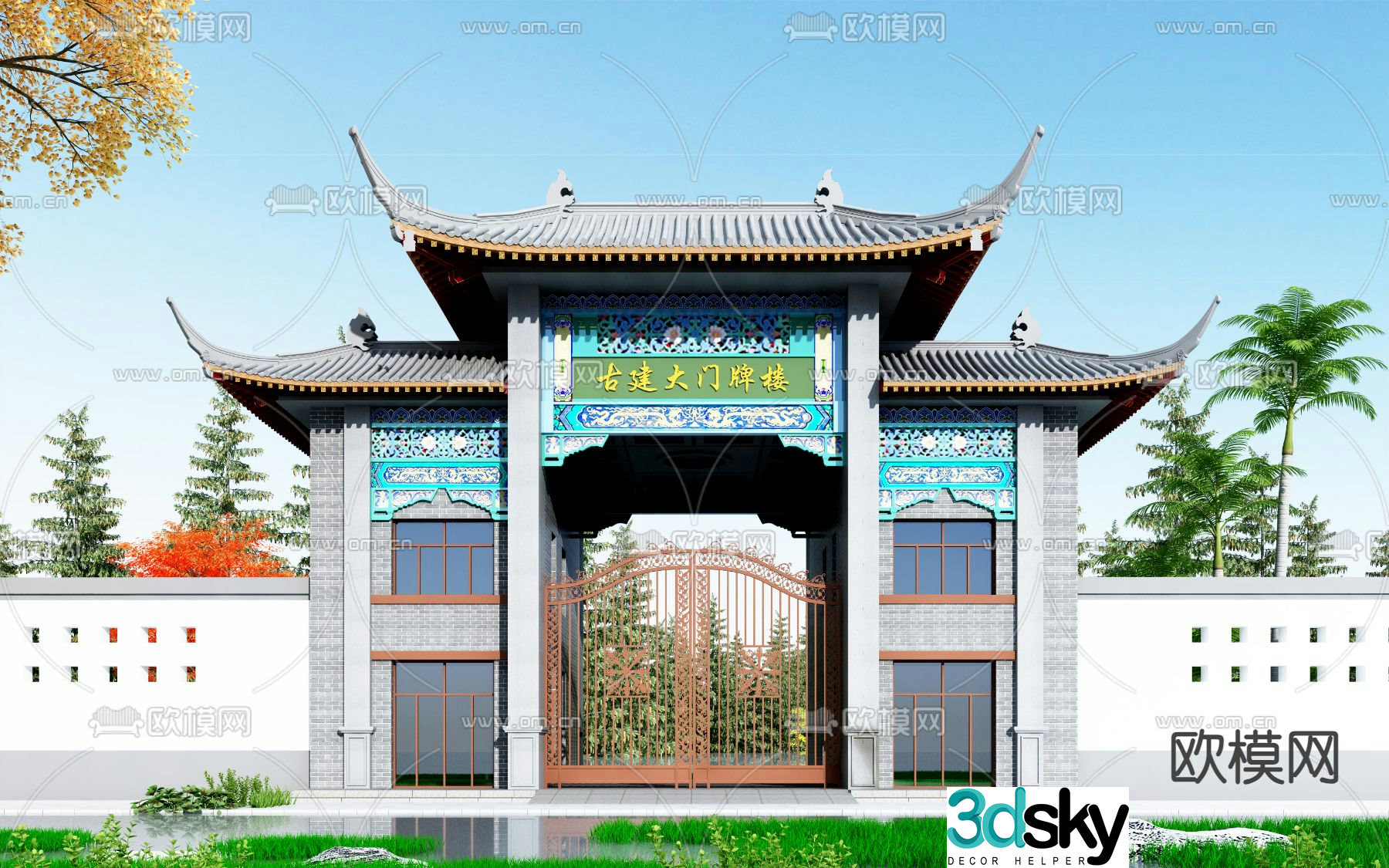 Chinese style entrance facade door head 3D model