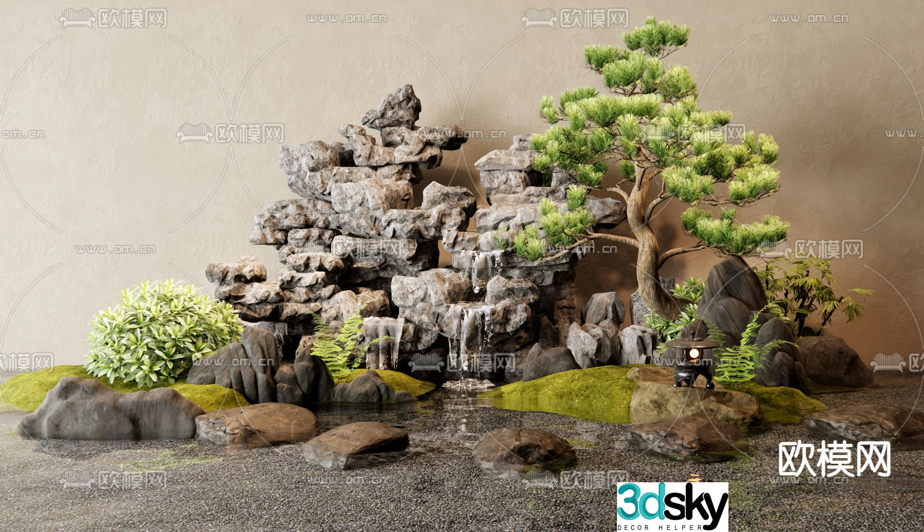 New Chinese style rockery waterscape courtyard landscape sketch 3D model