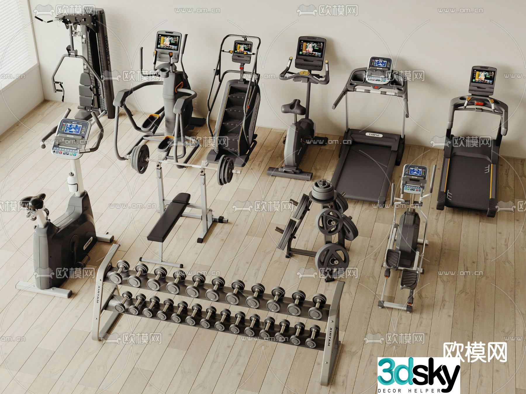 Fitness equipment treadmill dumbbell 3d model