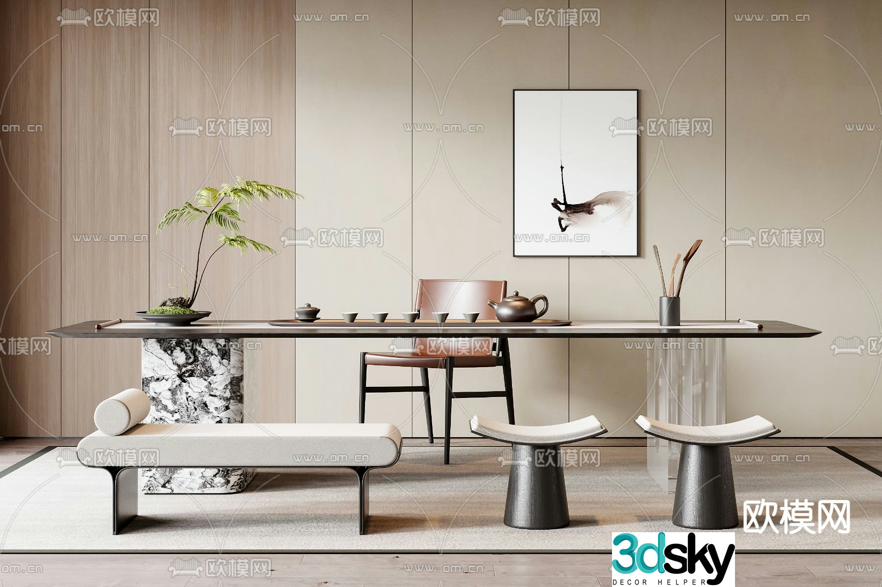 Modern tea table and chairs 3d model