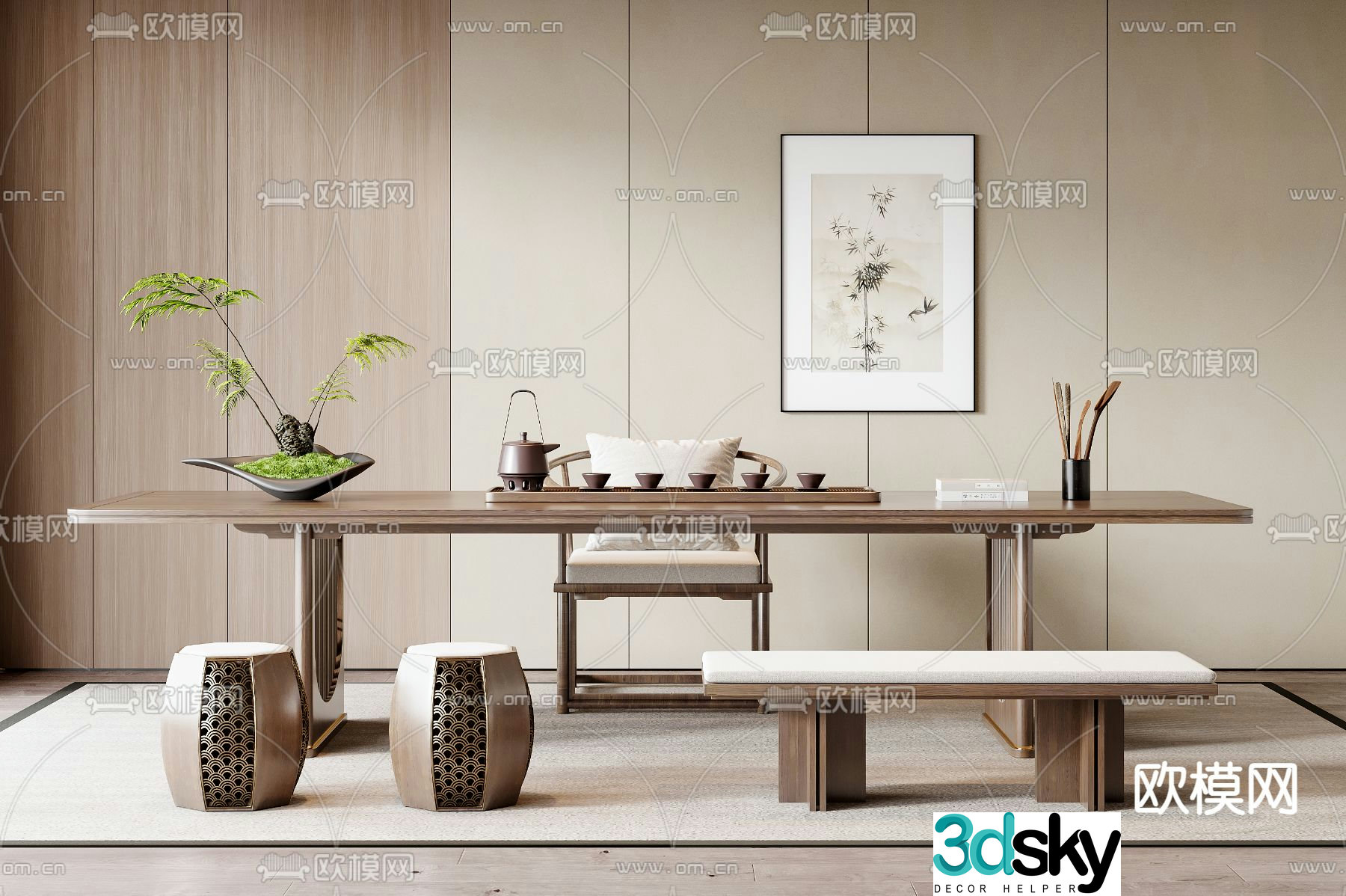 New Chinese tea table and chairs 3d model