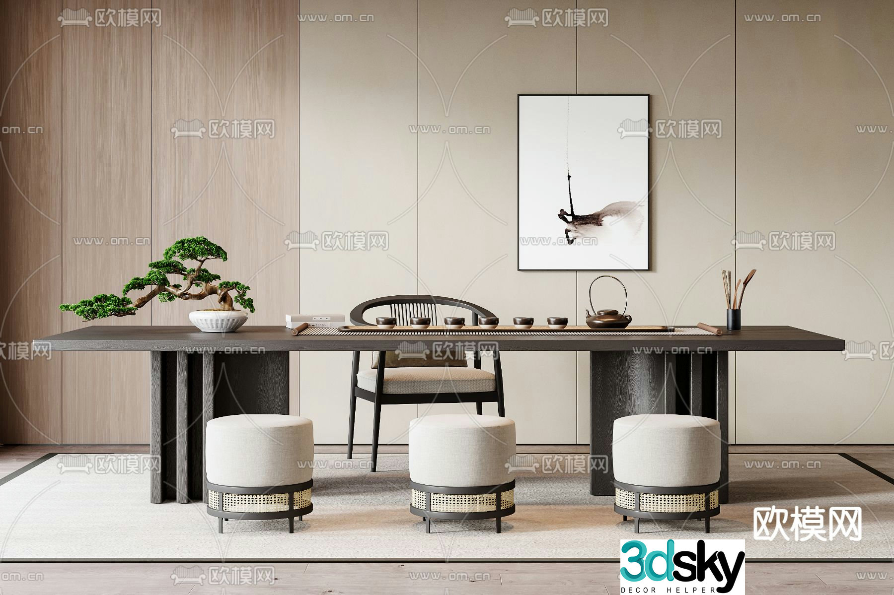 New Chinese tea table and chairs 3d model