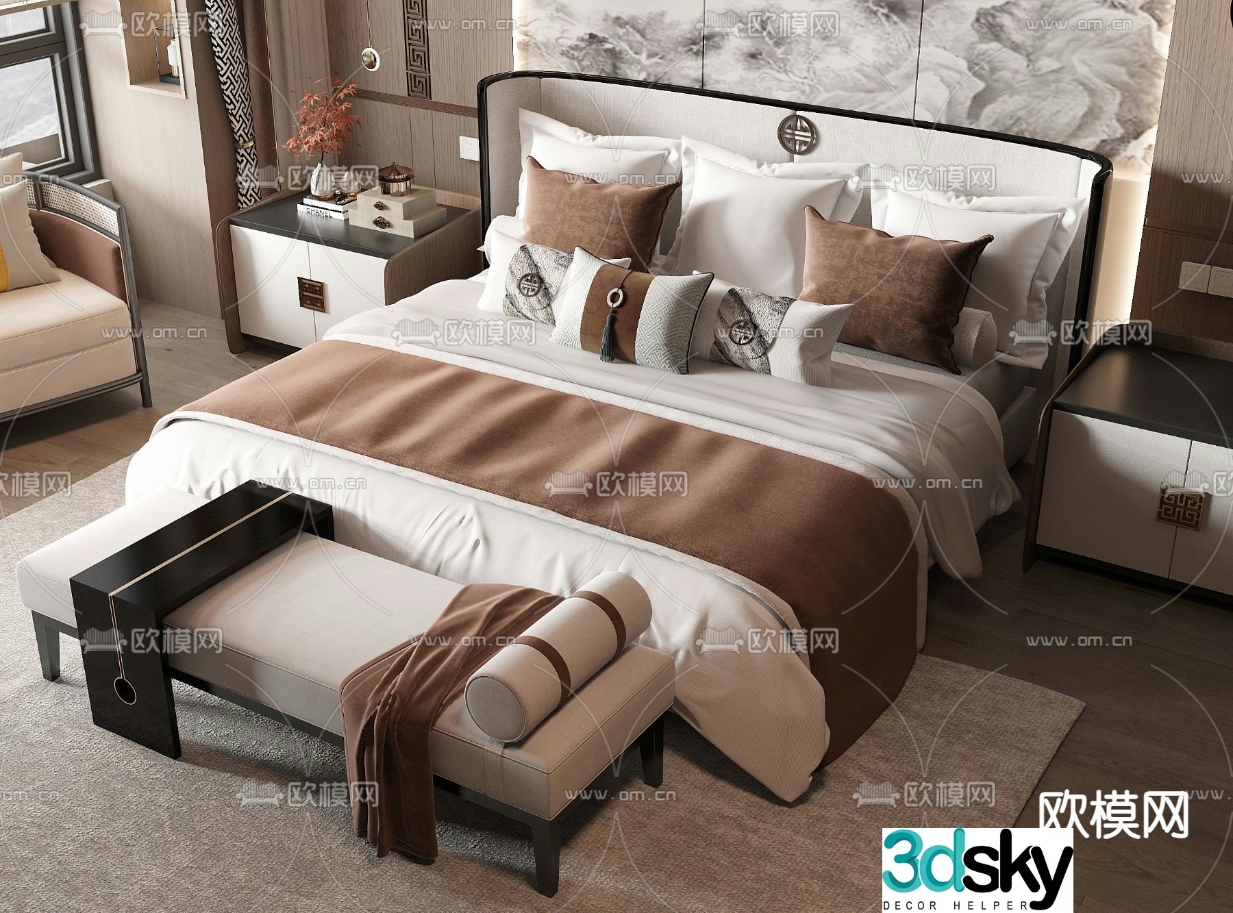 New Chinese style double bed 3d model