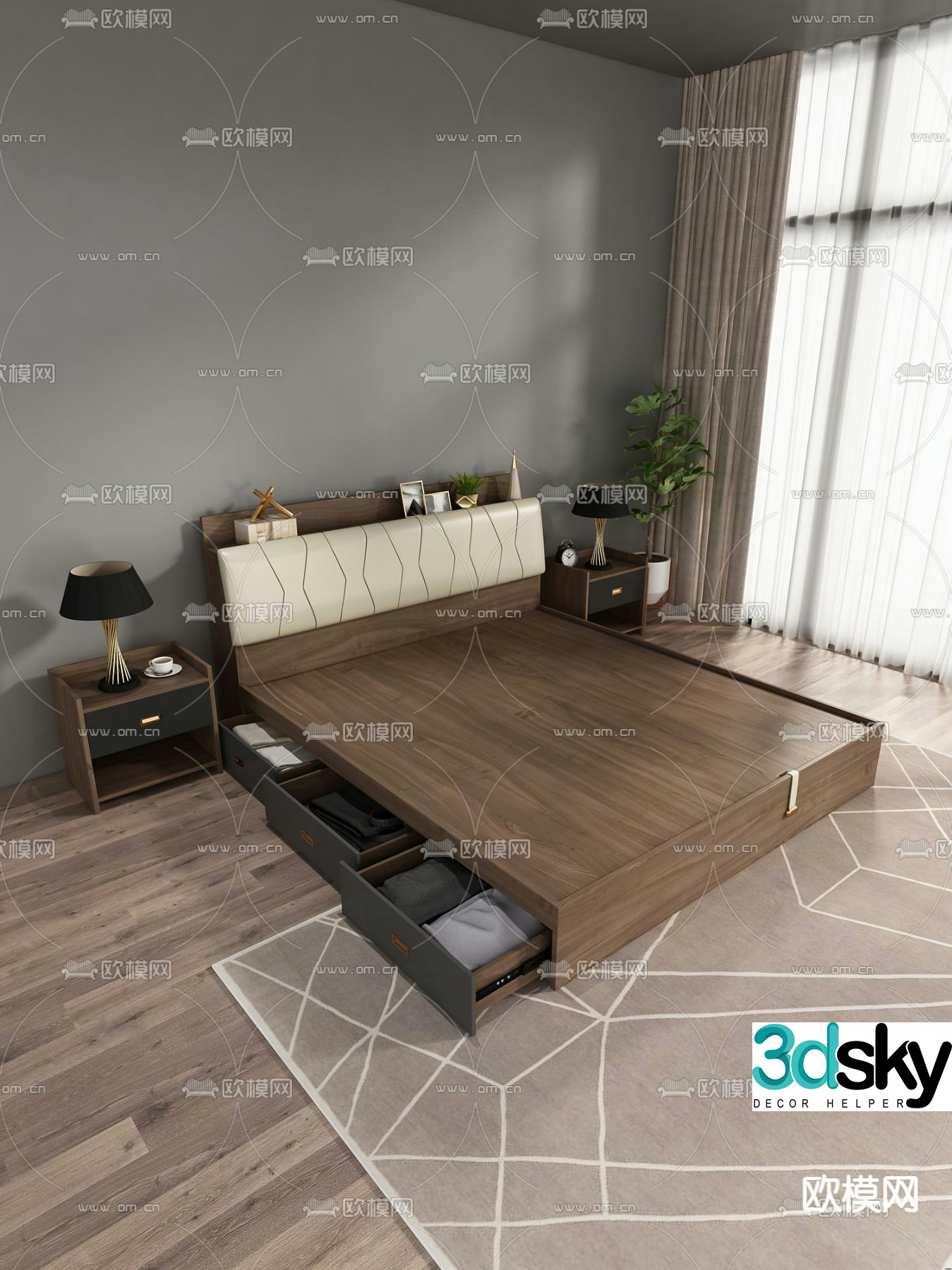 Modern solid wooden bed double bed 3d model