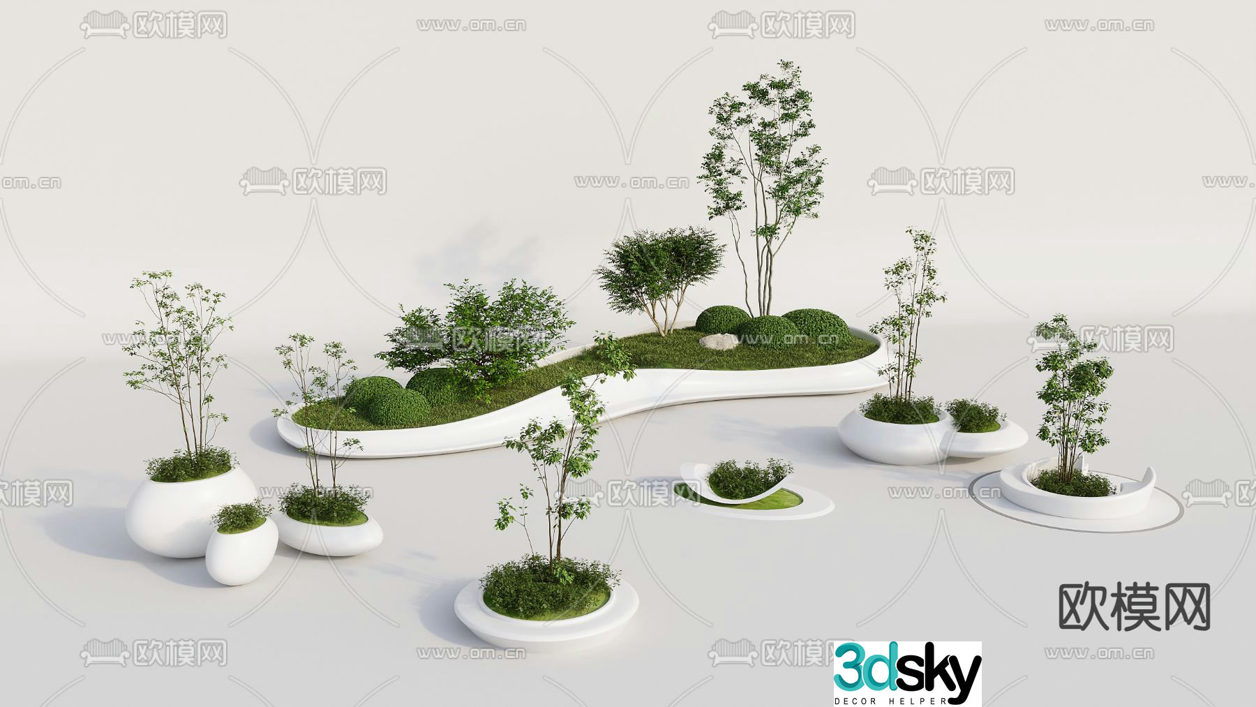 Tree Pond Landscape Green Plant Sketch Outdoor Flower Pond 3D Model