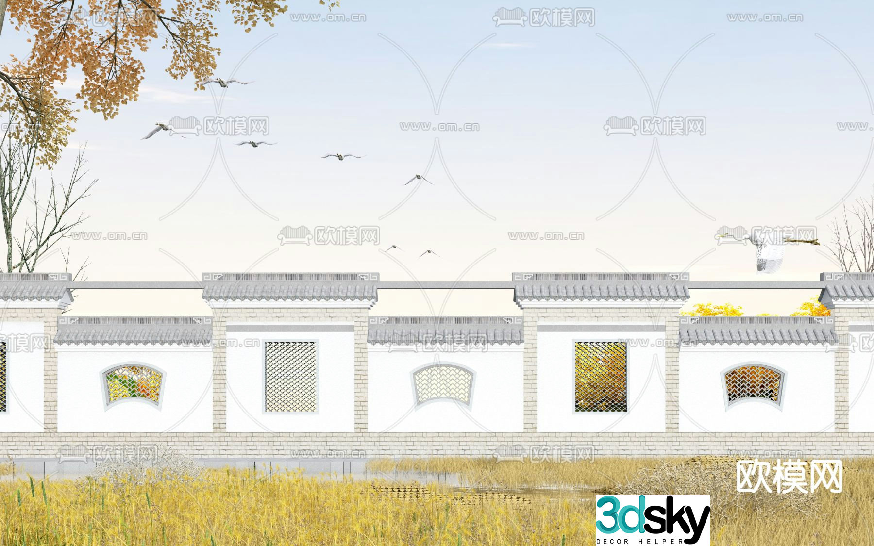 New Chinese style landscape wall 3D model of ancient building landscape wall