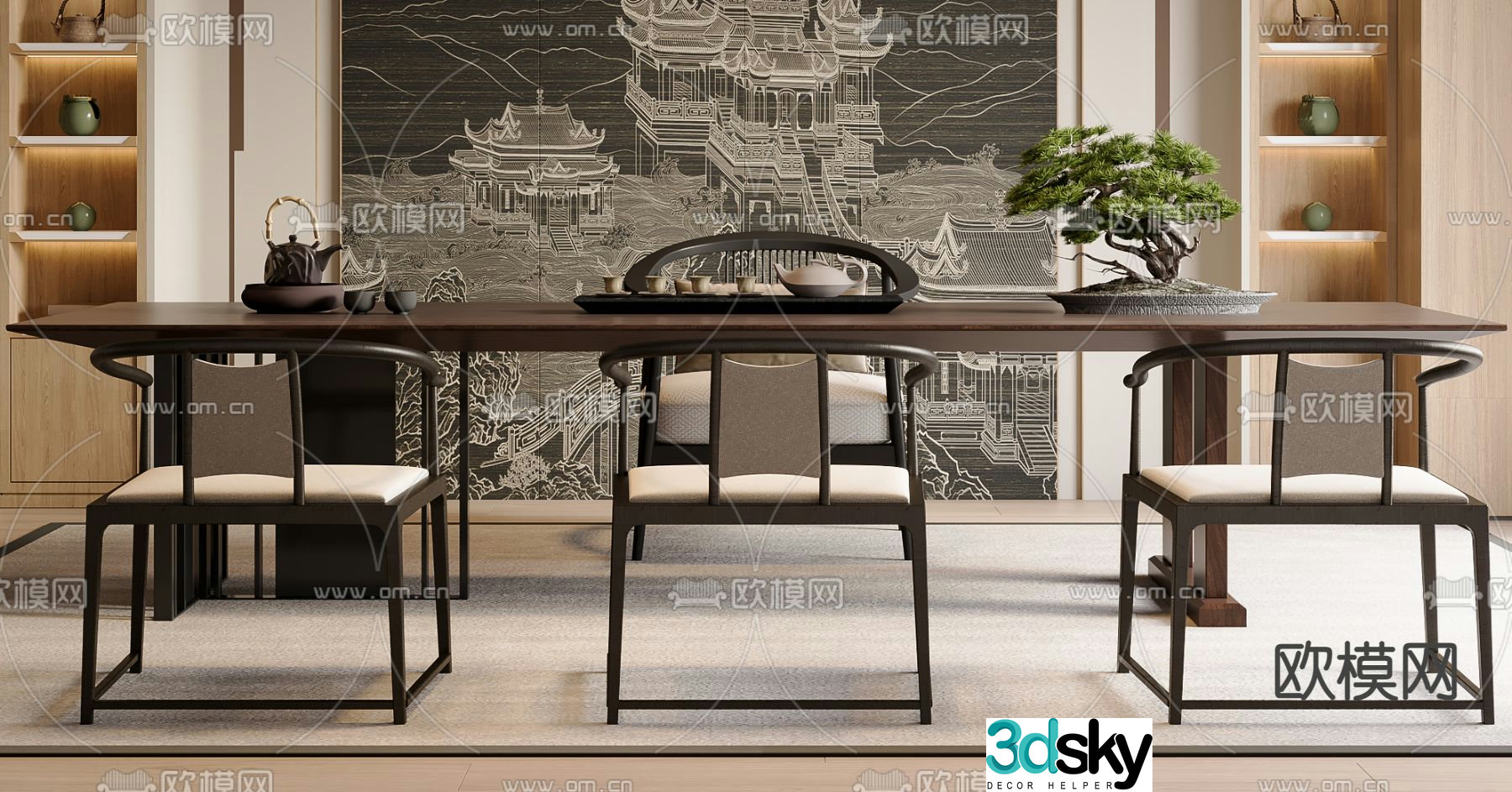 New Chinese tea table and chairs 3d model