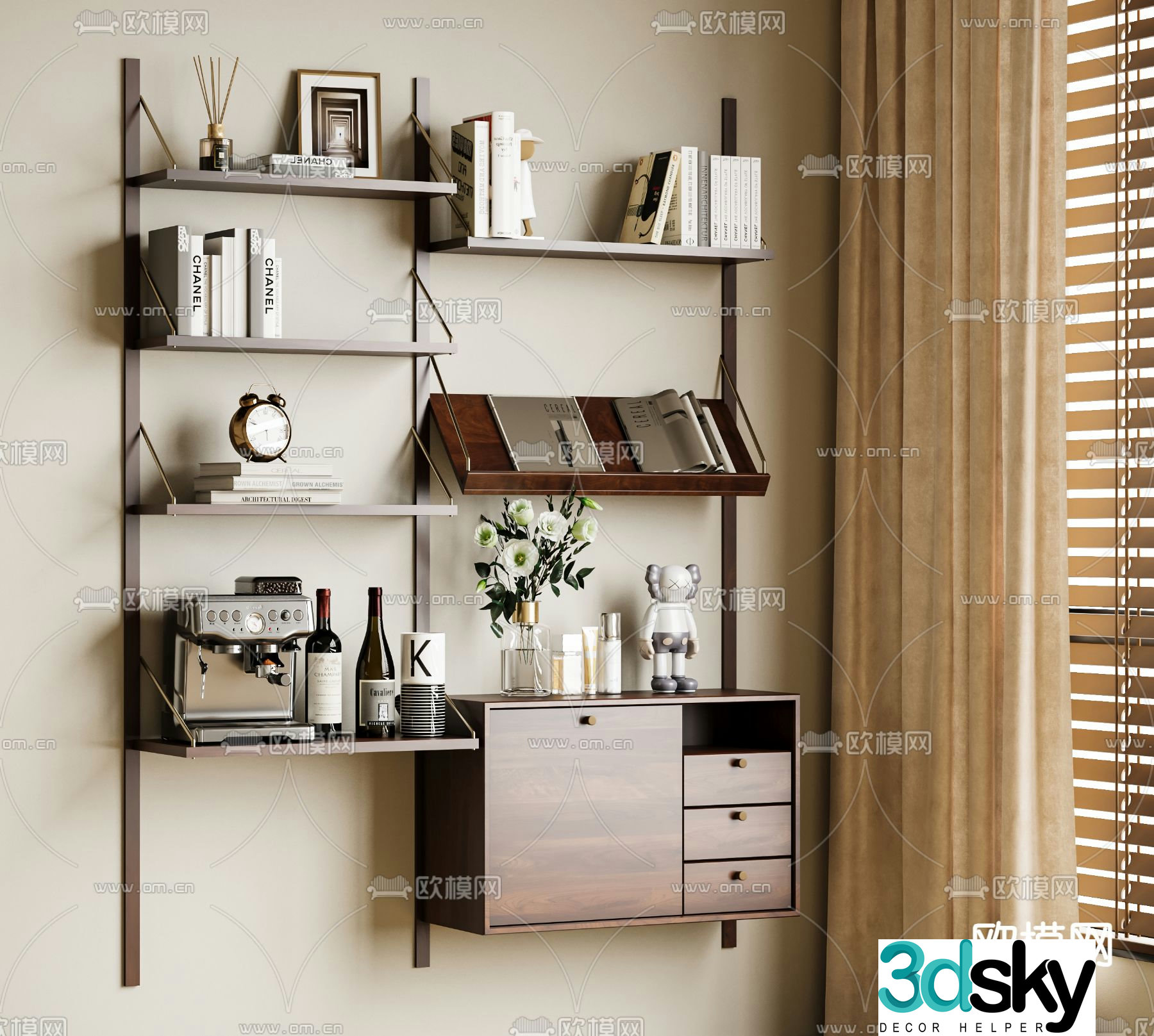 Middle-aged style wall cabinet hanging cabinet magazine rack 3D model
