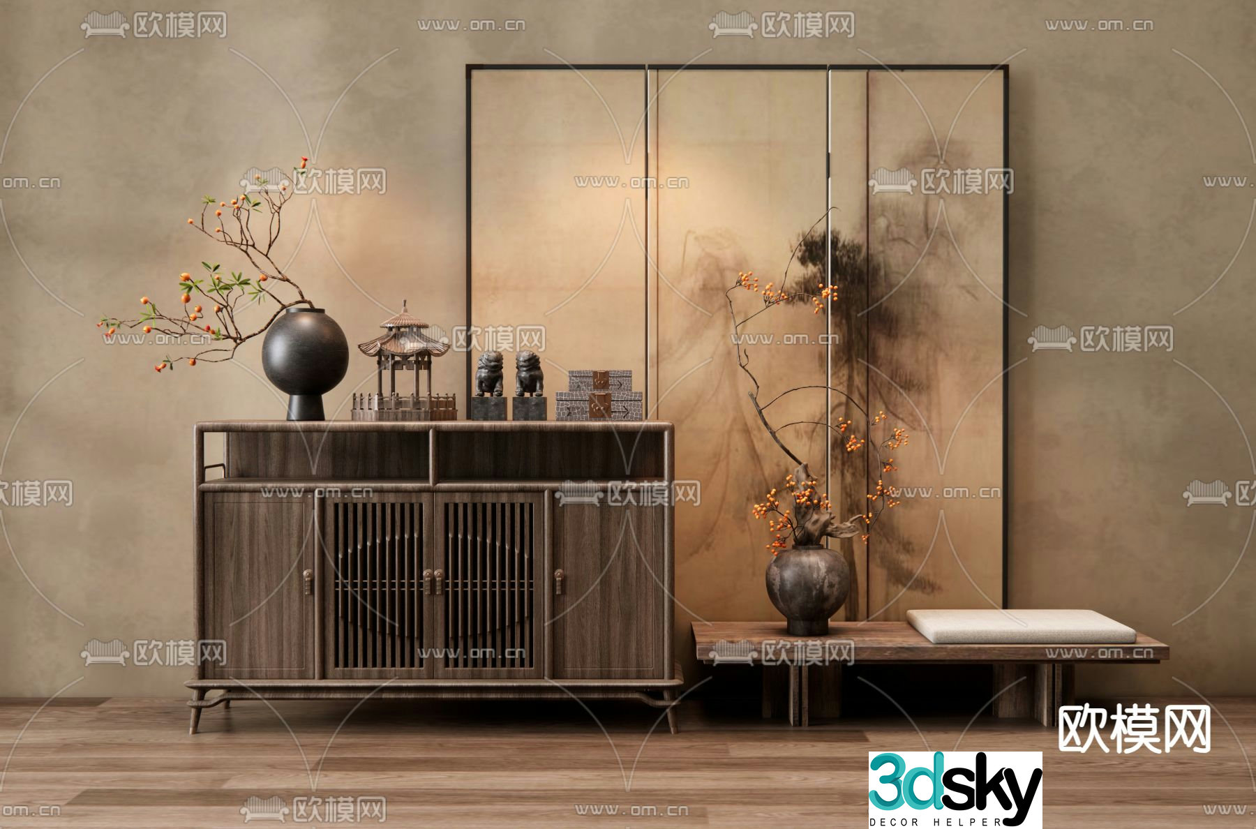 New Chinese style entrance cabinet 3D model
