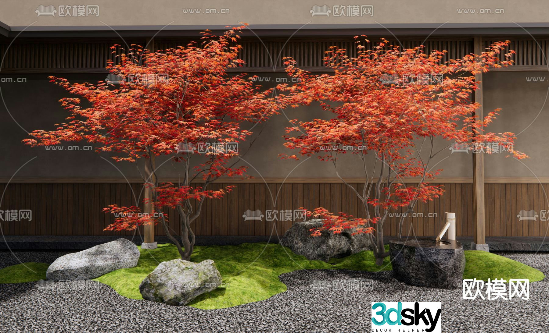 Courtyard landscape red maple landscape 3d model