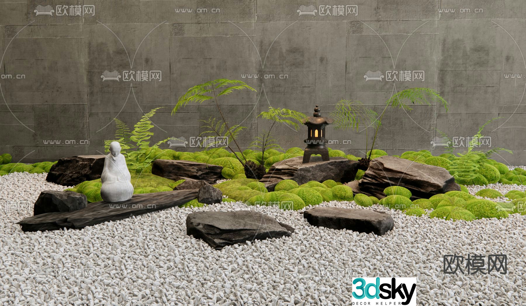 Landscape stones moss terrain courtyard sketch 3d model