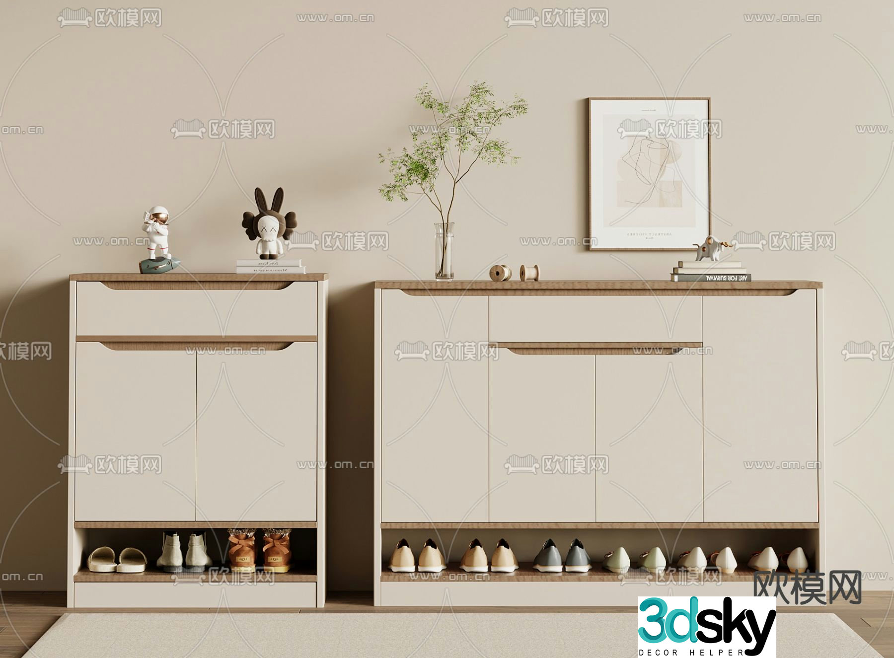 Creamy style shoe cabinet 3d model