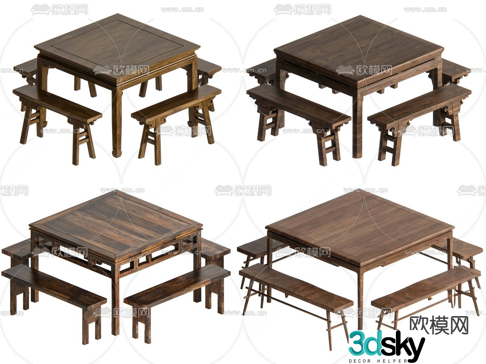 Chinese Eight Immortals Table Dining Table and Chair 3D Model