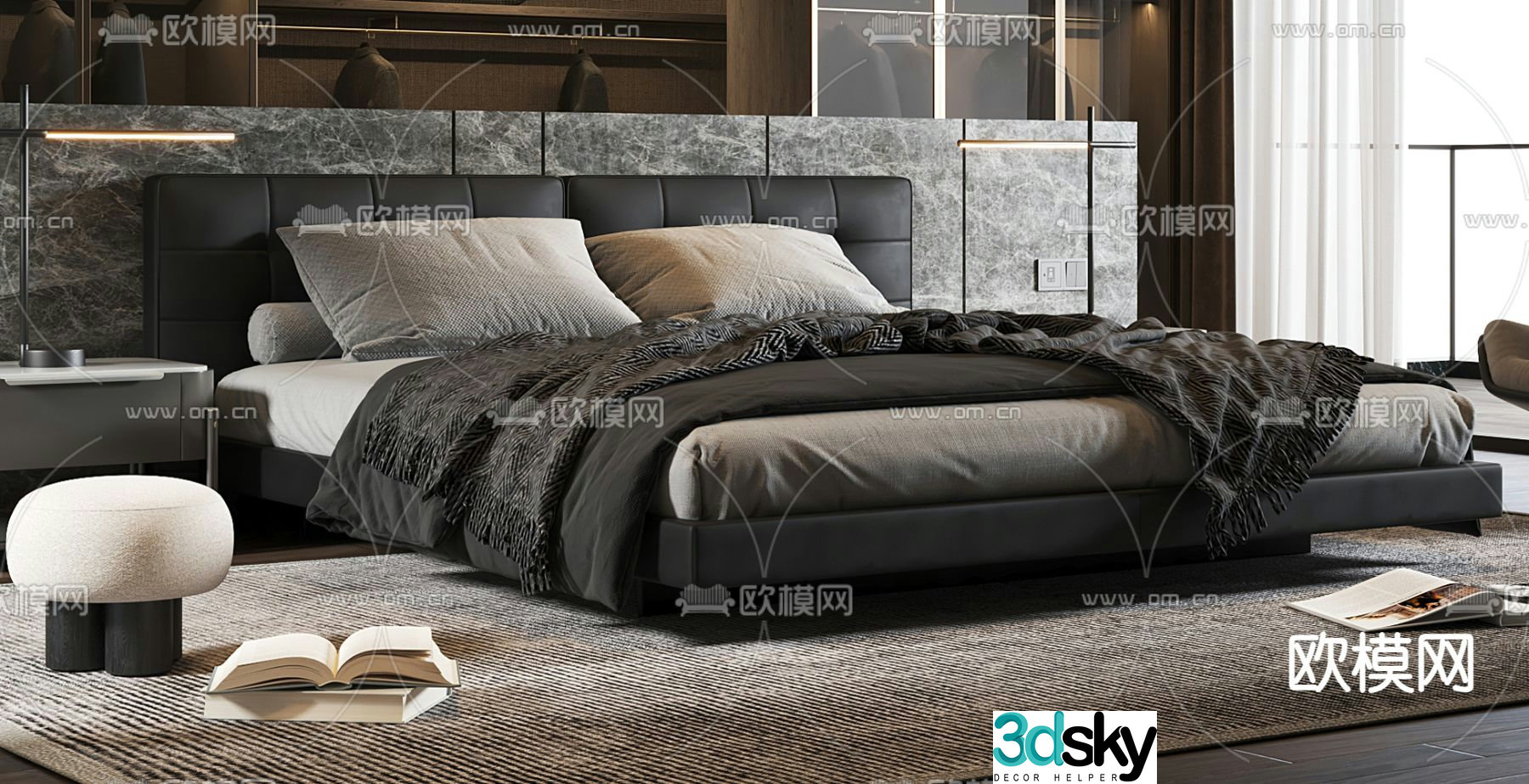 Dark style double bed 3d model