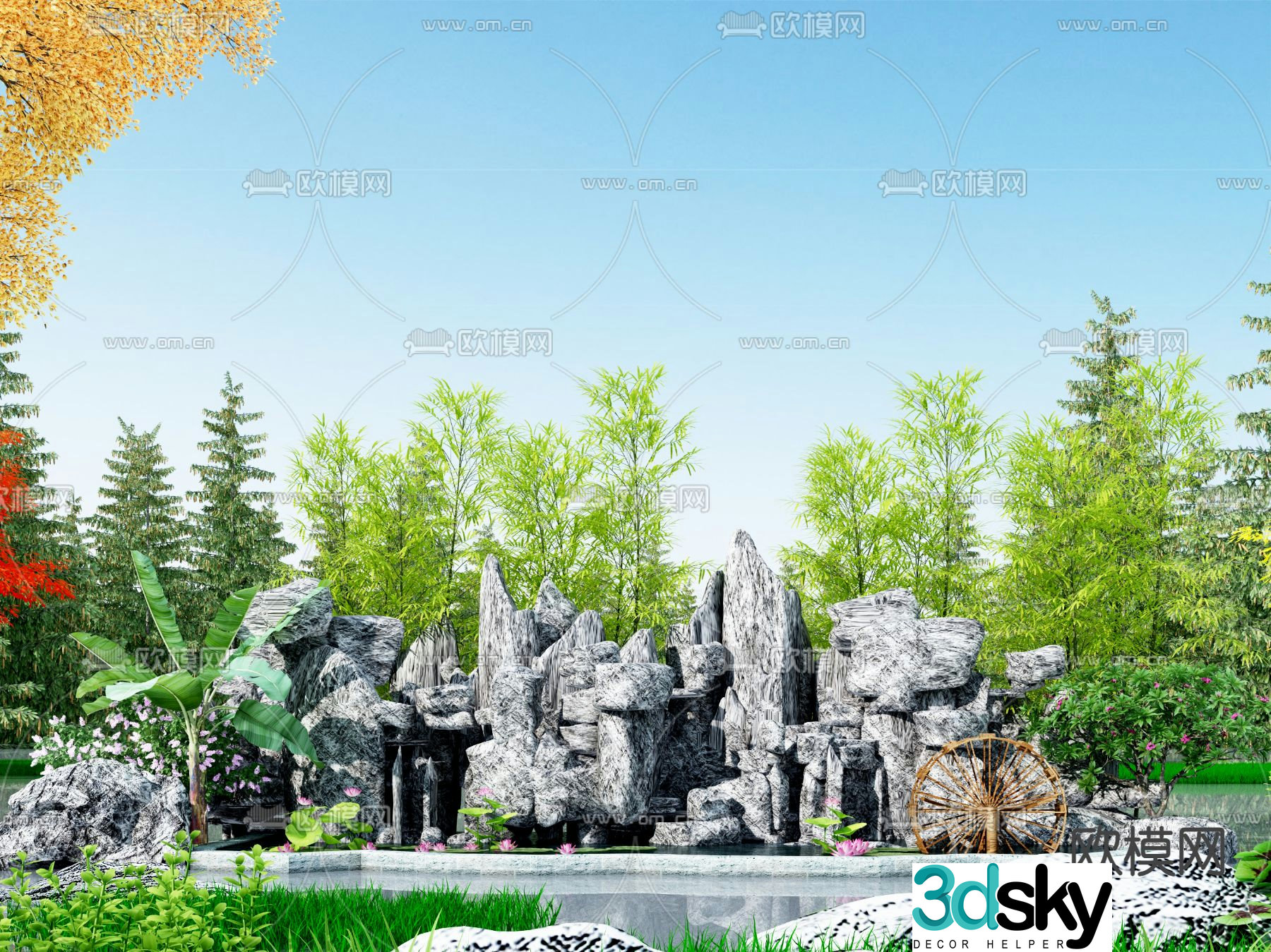New Chinese style rockery waterfall and flowing water lotus pond 3D model
