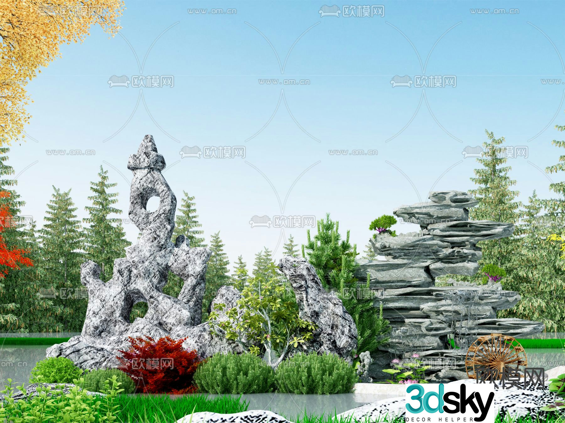 New Chinese style rockery waterfall and water wheel 3D model