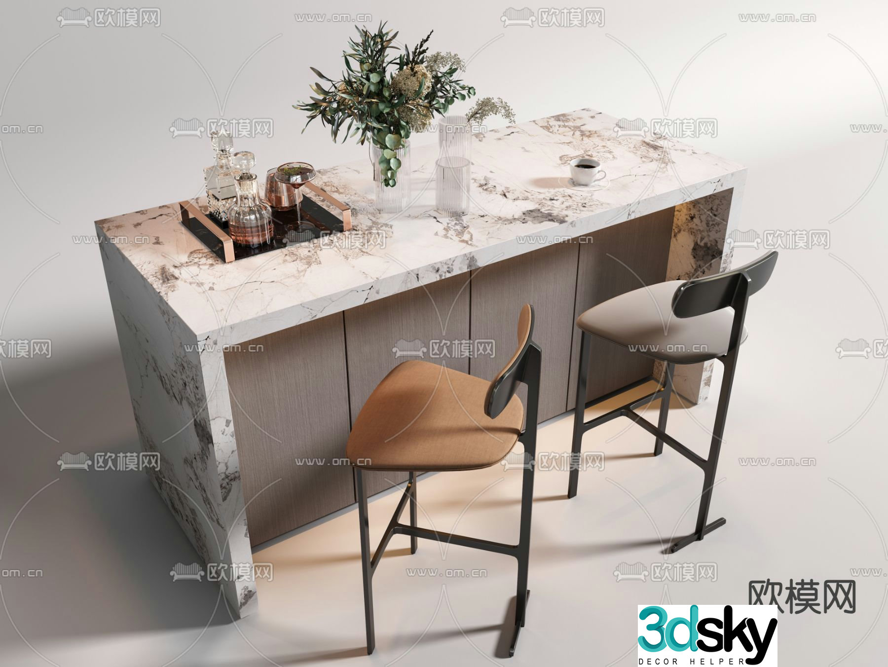 Modern bar counter bar chair island table 3D model