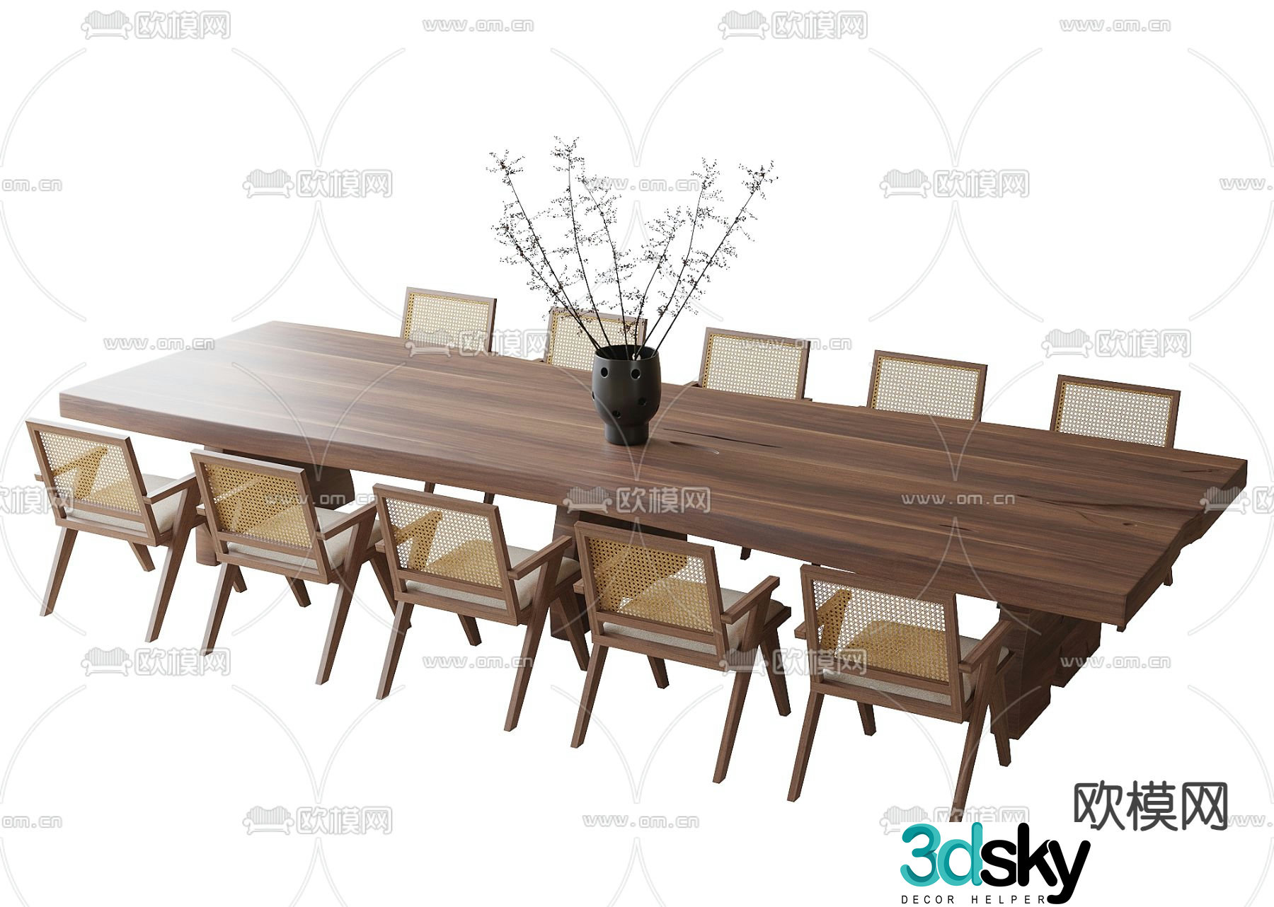 Modern wooden dining table and chairs 3d model