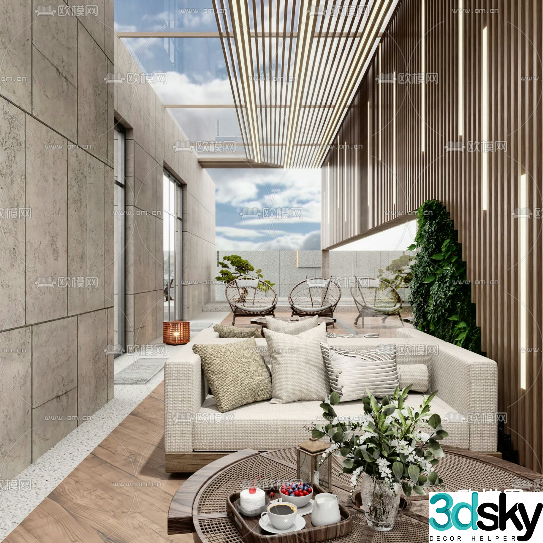 Modern balcony terrace roof garden 3d model