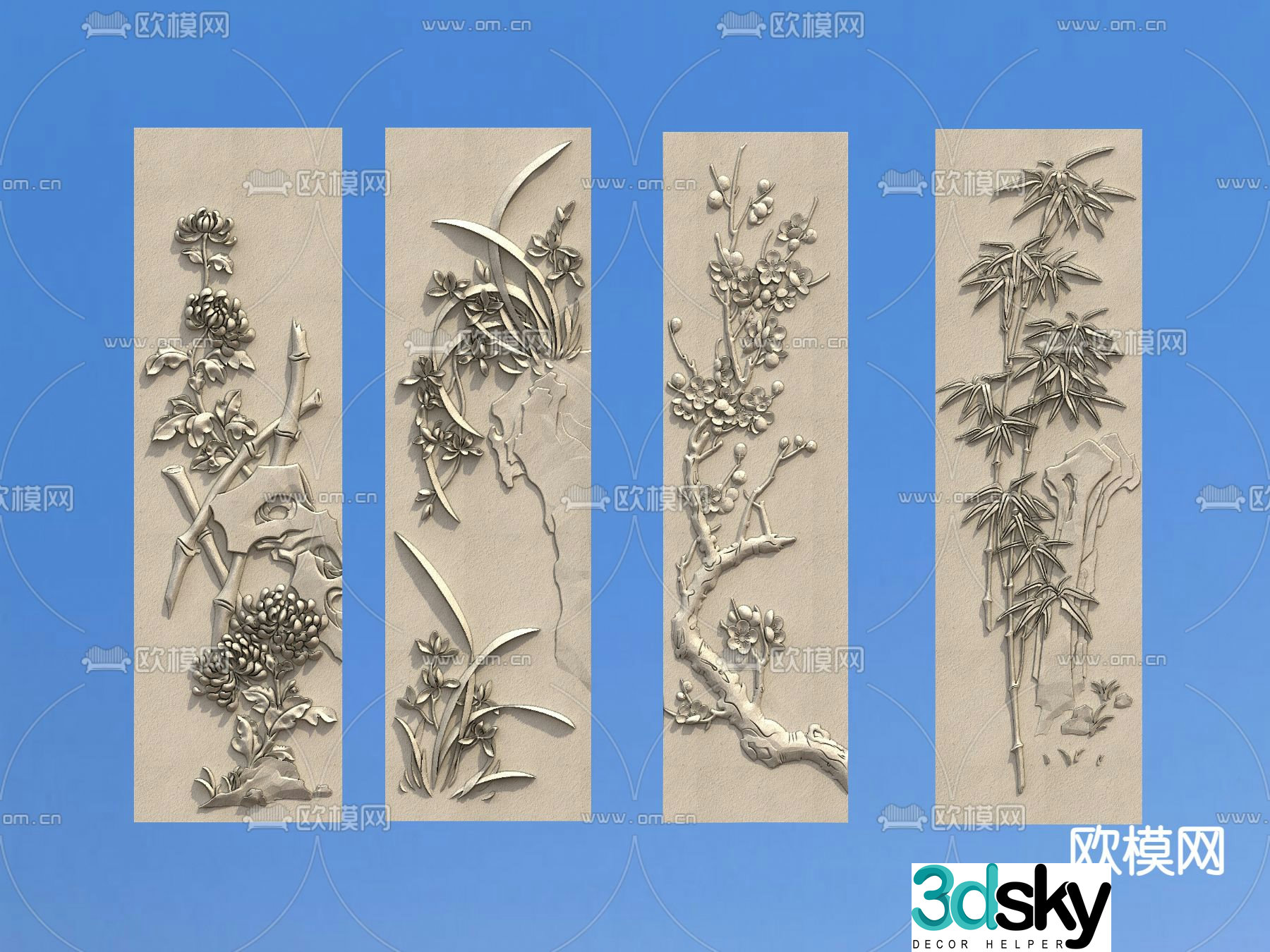 Chinese style flower relief plum orchid bamboo and chrysanthemum relief 3D model