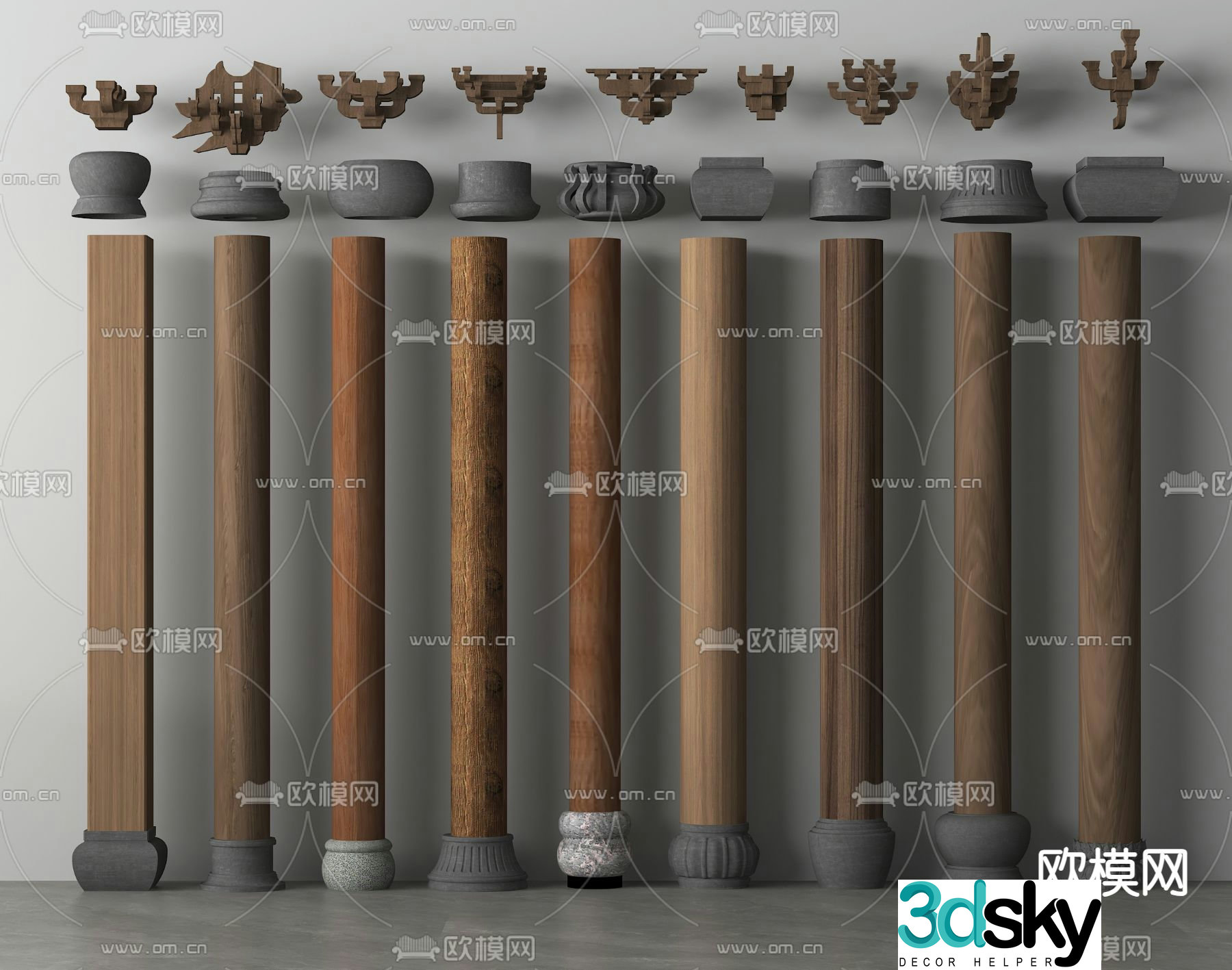 New Chinese style pillars door columns wooden columns column foundation stone 3D model